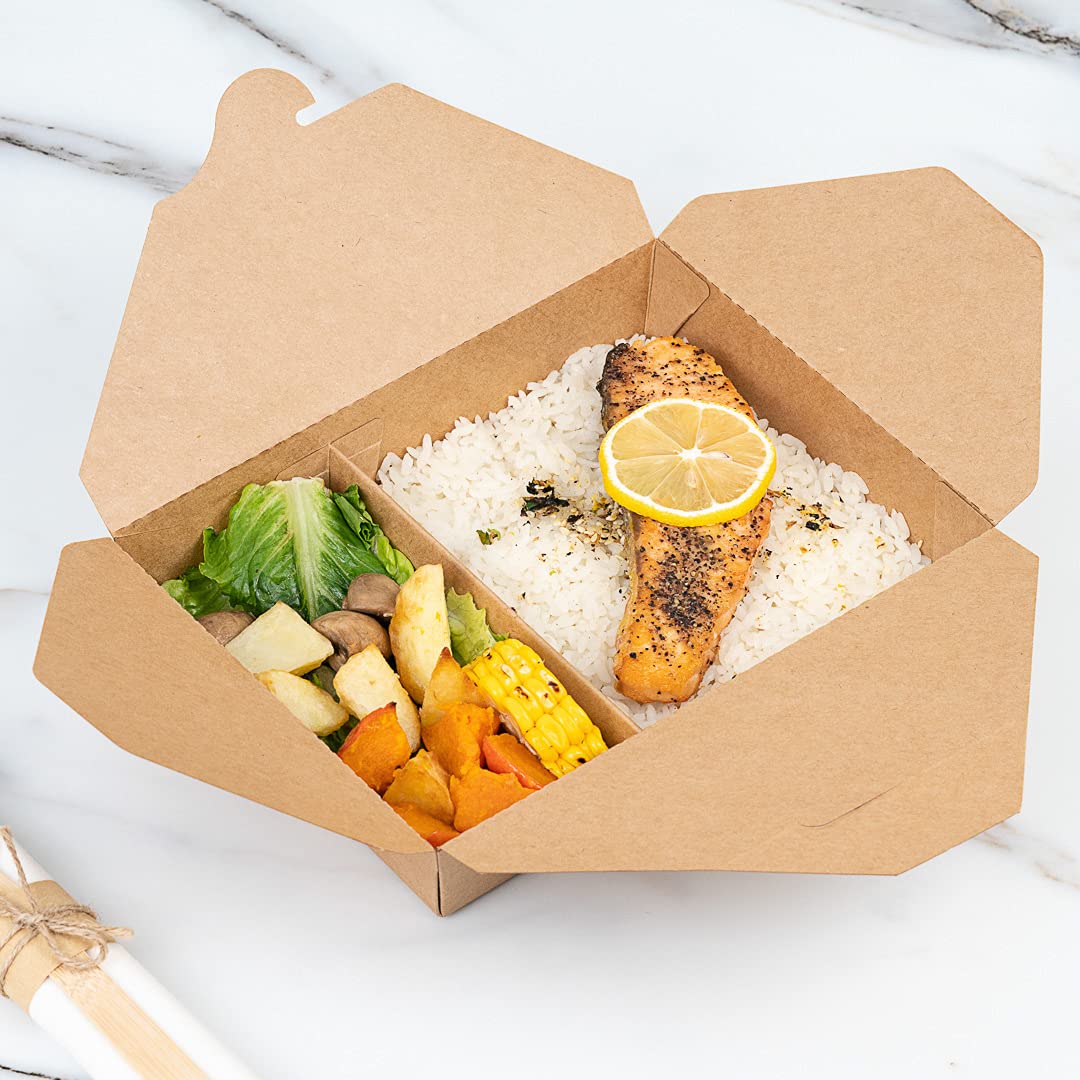 Eco-Friendly 50oz Kraft Paper Take Out Containers - 200 Pack of 2-Compartment Greaseproof Food Boxes with Secure Tab-Lock Closure | Perfect for Restaurants, Catering & Meal Prep | Safe for Hot/Cold Foods, Burgers, Salads & Leftovers