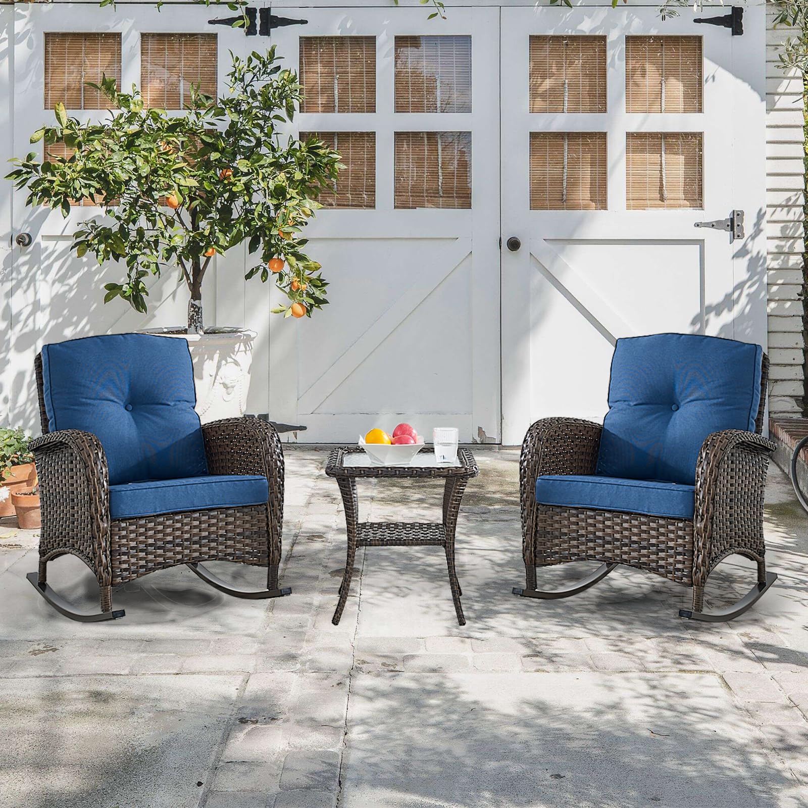 HUMMUH 3-Piece All-Weather PE Wicker Outdoor Rocking Chair Set with Side Table & Cushions - Patio, Porch, Balcony Furniture for Relaxing & Entertaining
