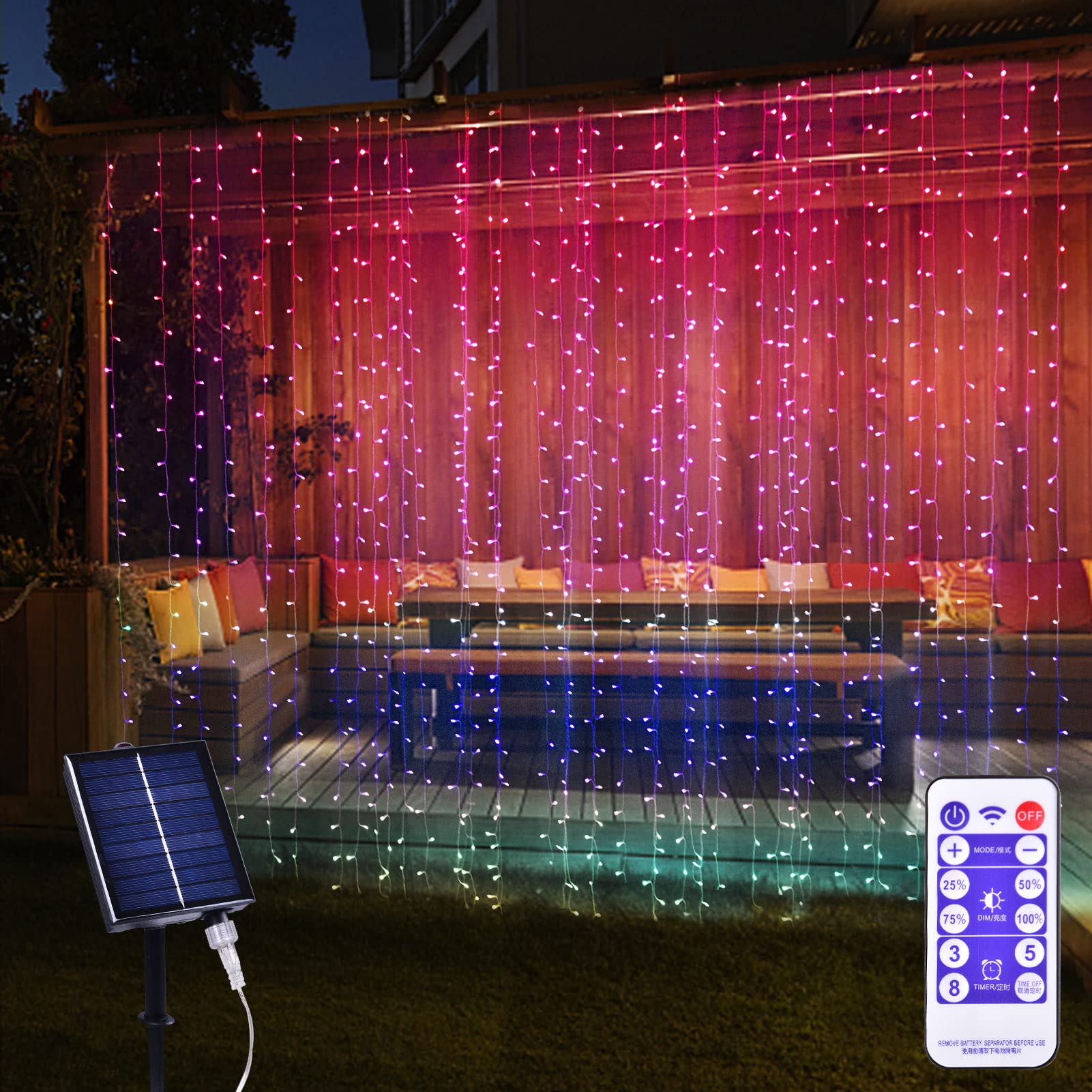300 LED Solar Curtain Lights Outdoor/Indoor - Waterproof Fairy String Lights with 8 Lighting Modes - Multi-Colored Solar Christmas Decor for Home, Patio, Garden, Wedding & Party Decorations