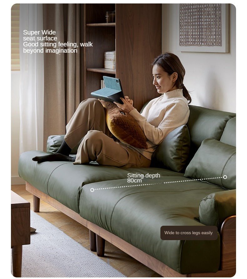 Premium Black Walnut & Oak Solid Wood Leather Recliner Sofa - Luxurious Comfort for Living Room, Lounge & Home Theater