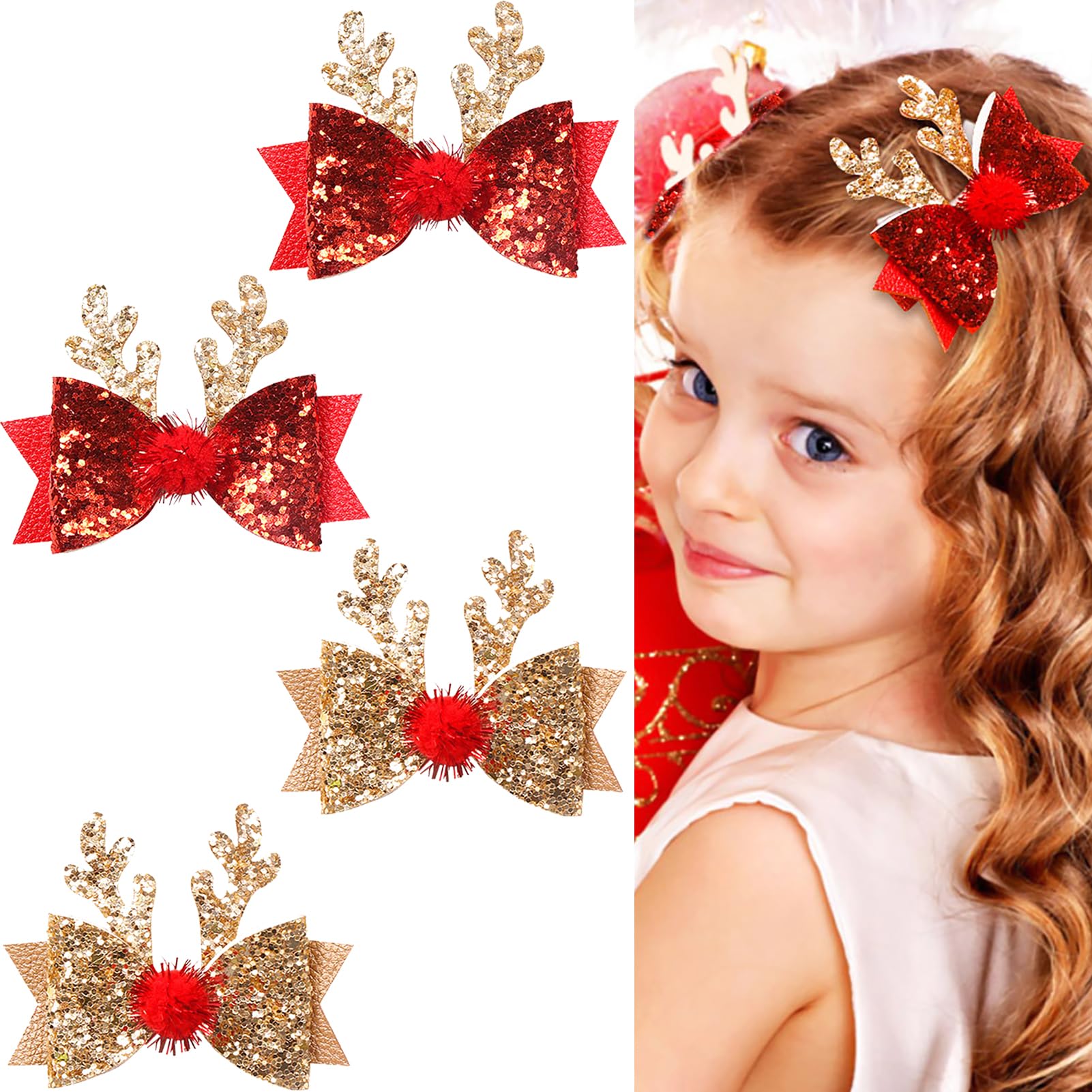 4 Pcs Christmas Hair Clips - Cute Reindeer Antlers Hair Accessories with Glitter Sequins for Women Girls Kids | Xmas Party, Holiday Cosplay, Gift Giving & Festive Outfits