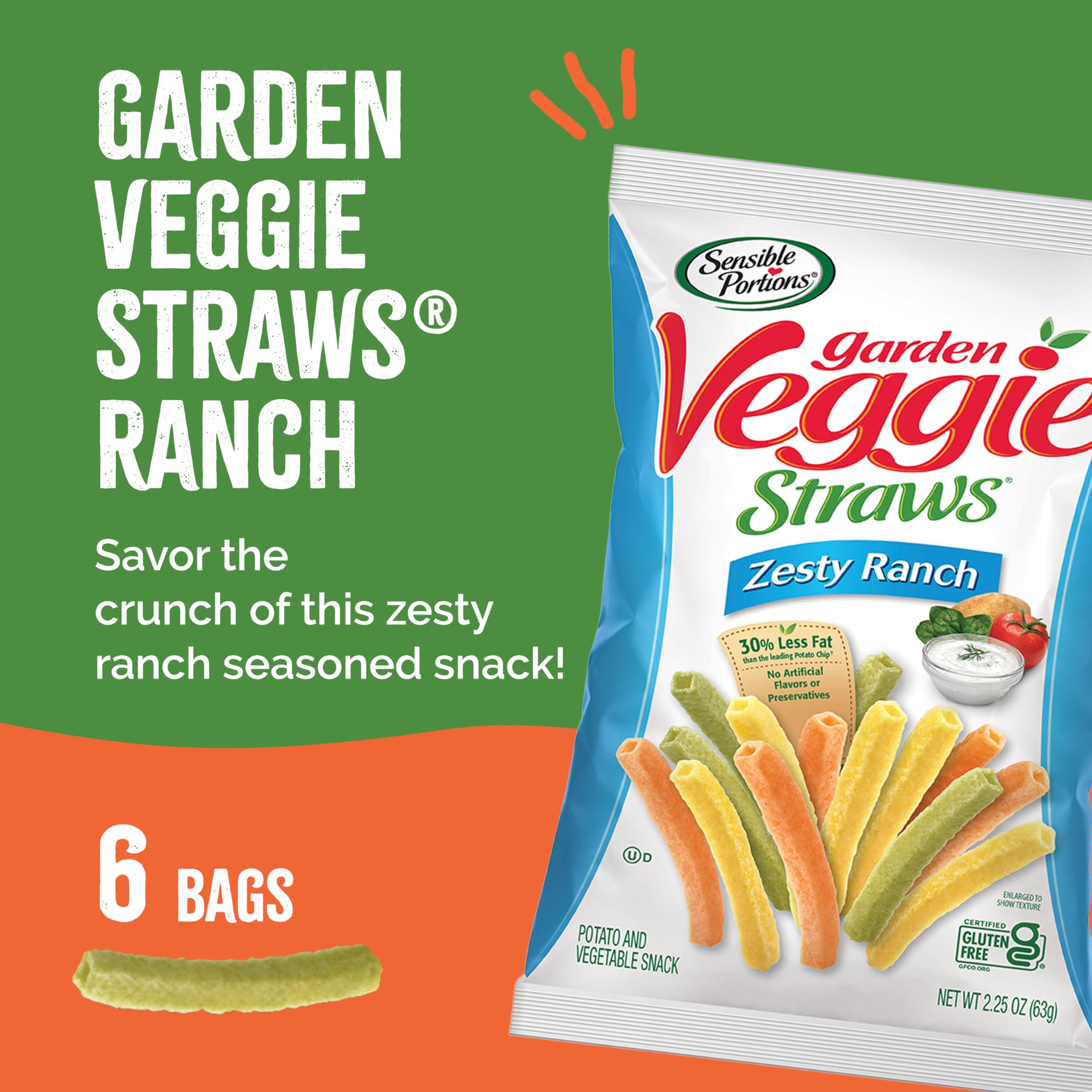 Sensible Portions Veggie Straws - Zesty Ranch Flavor, Gluten-Free, Non-GMO, Healthy Snack Chips, 2.25oz Bags (Pack of 6) | Perfect for Lunchboxes, Parties, and On-the-Go Snacking