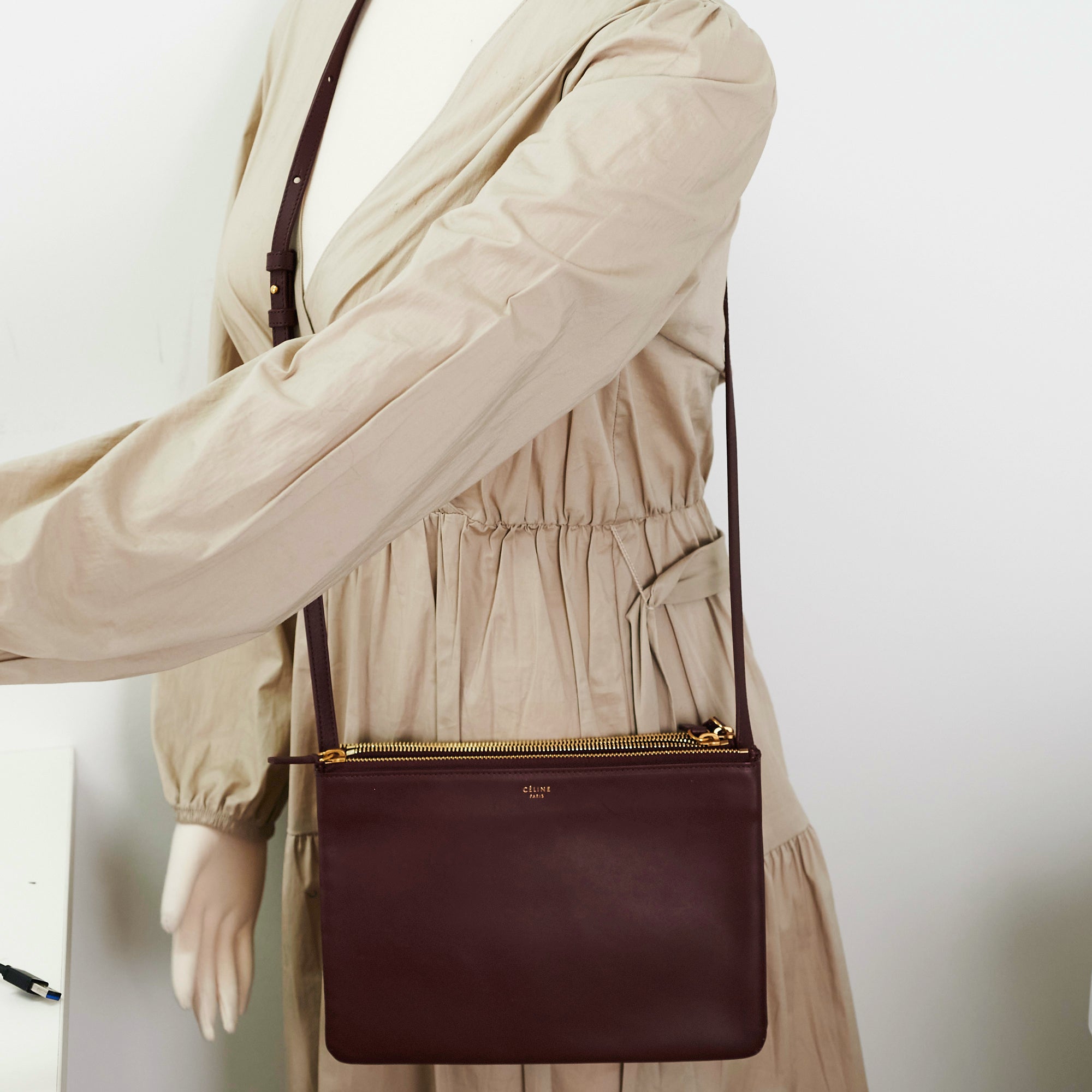 Celine Trio Burgundy Leather Crossbody Bag for Women - Stylish & Compact Everyday Purse for Work, Travel & Shopping