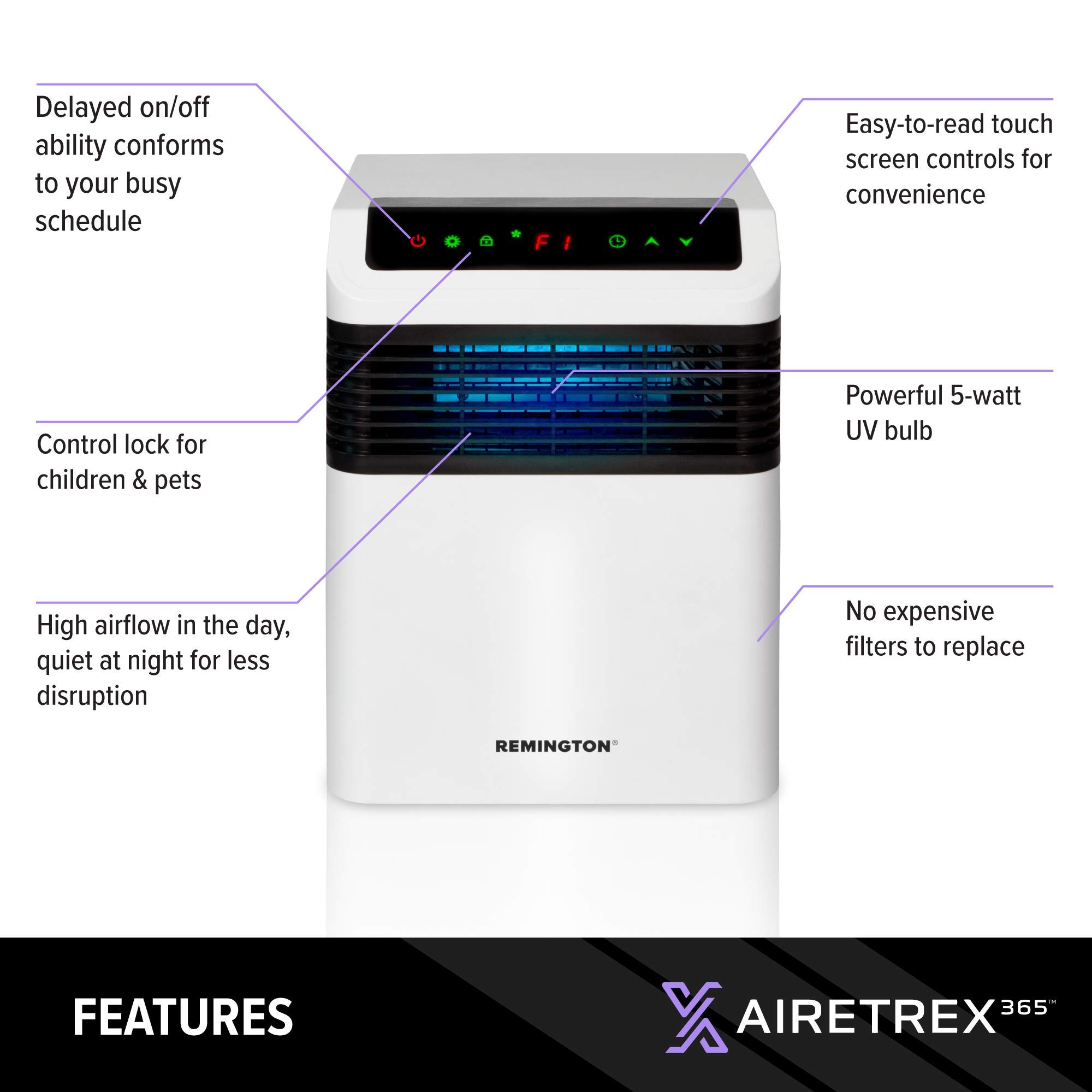 Airetrex 365 UV Air Purifier Sanitizer for Home, Office & Dorm - Kills 99.9% of Viruses & Bacteria - Portable Germicidal UV Light Cleaner (REM-7365UV-120) | Ideal for Bedrooms, Kitchens & Small Spaces