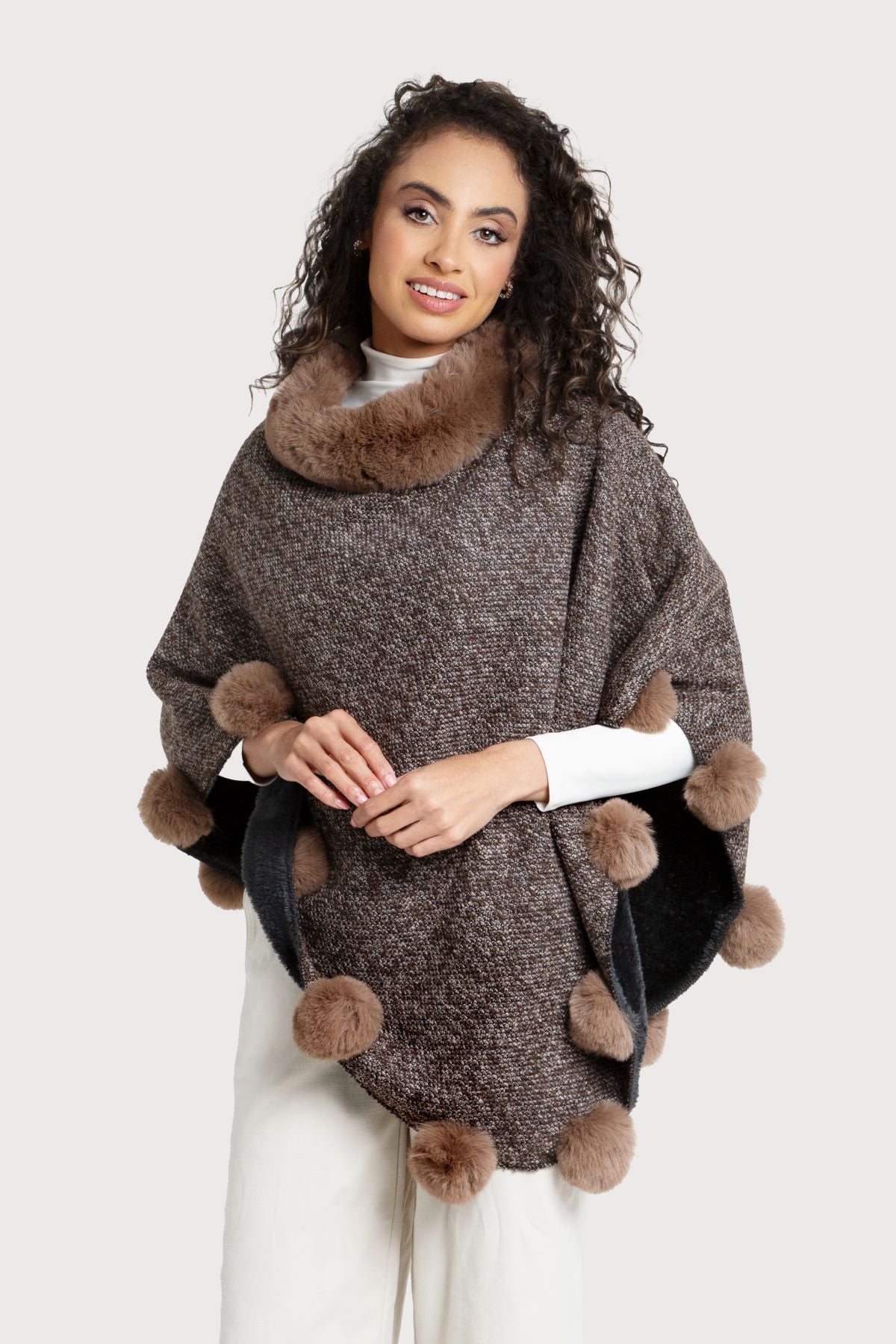 Cozy Faux Fur Poncho with Pom Pom Trim - Women's Winter Cape Shawl for Outdoor & Indoor Wear