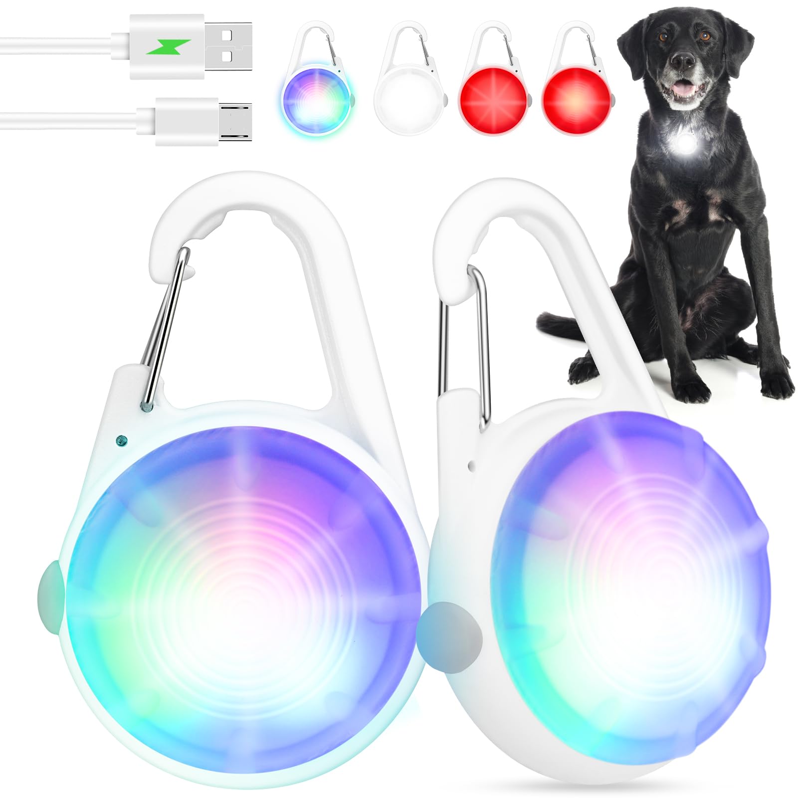 MEDT 2 Pack LED Rechargeable Dog Collar Lights with RGB Colors - Waterproof Clip-On Pet Safety Light for Night Walking, Camping, Hiking & Outdoor Adventures
