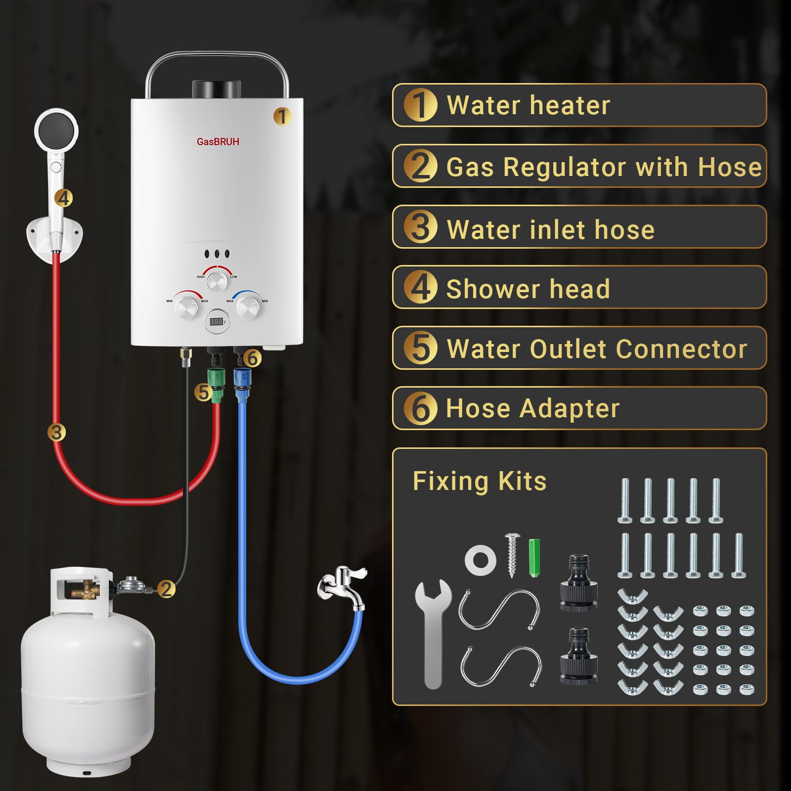 Portable 6L Propane Tankless Water Heater - 1.58 GPM Outdoor Camping Heater with Overheating Protection for RV, Indoor & Outdoor Use - Perfect for Camping, Hiking, and Off-Grid Living