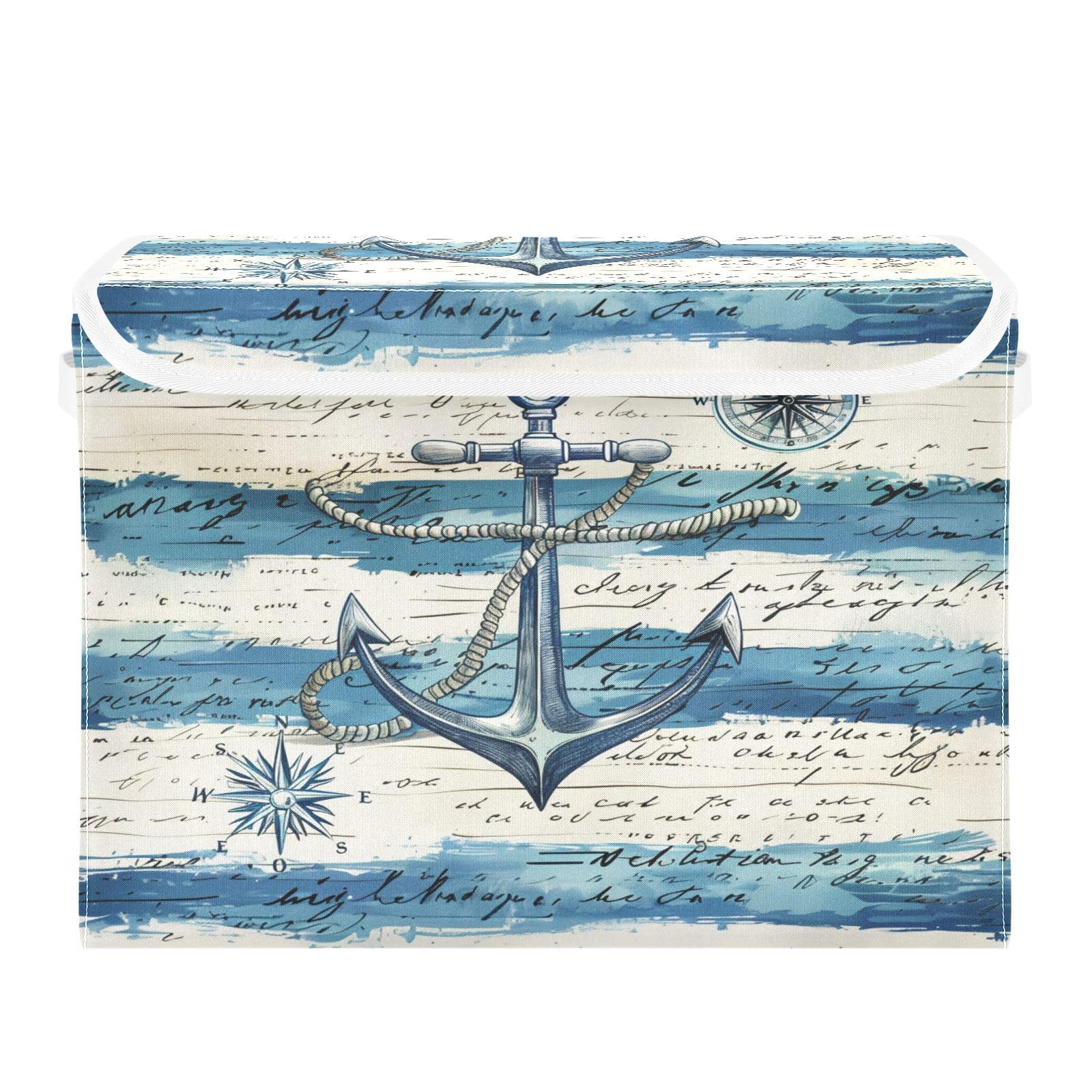 Vintage Nautical Anchor & Compass Fabric Storage Bins with Lids - Foldable Collapsible Storage Containers for Home, Bedroom, Closet & Office Organization - Perfect for Seasonal Clothes, Toys & Home Decor Storage