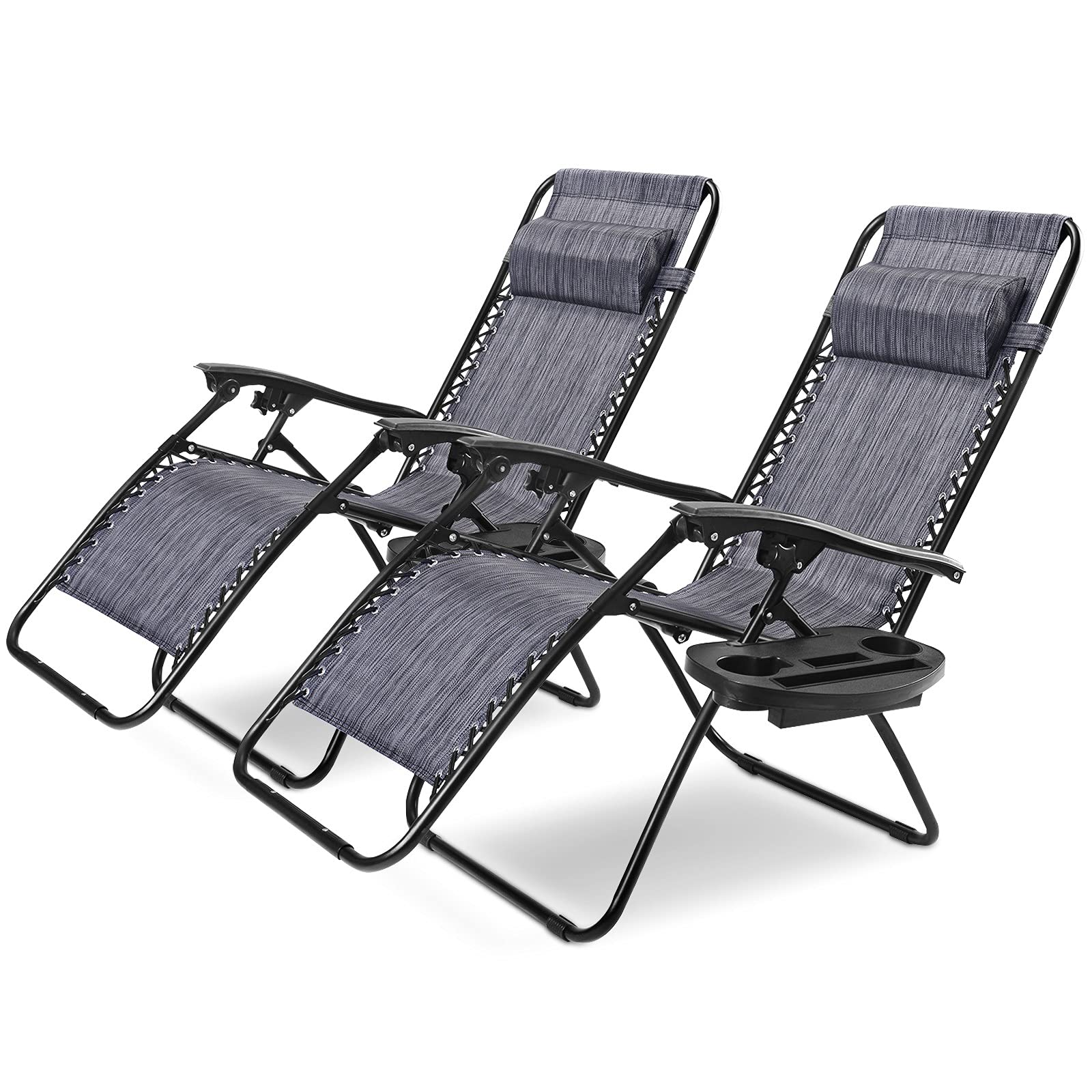 2 Pack Zero Gravity Lounge Chairs - Adjustable Outdoor Recliners with Detachable Pillow & Cup Holder, Portable Folding Patio Chairs for Camping, Beach, Poolside Relaxation & Backyard Lounging (Gray) - Perfect for Sunbathing, Reading & Outdoor Leisure