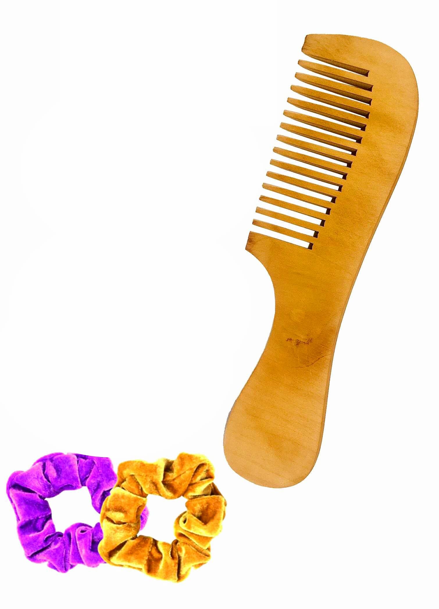 Pure Natural Wooden Wide Tooth Comb with Handle for Women & Men | Organic Antibacterial Hair Care & Dandruff Removal | Handcrafted Styling Comb for Detangling & Scalp Massage | Includes 2 Velvet Hair Scrunchies | Perfect for Daily Hair Care, Travel & Gifts