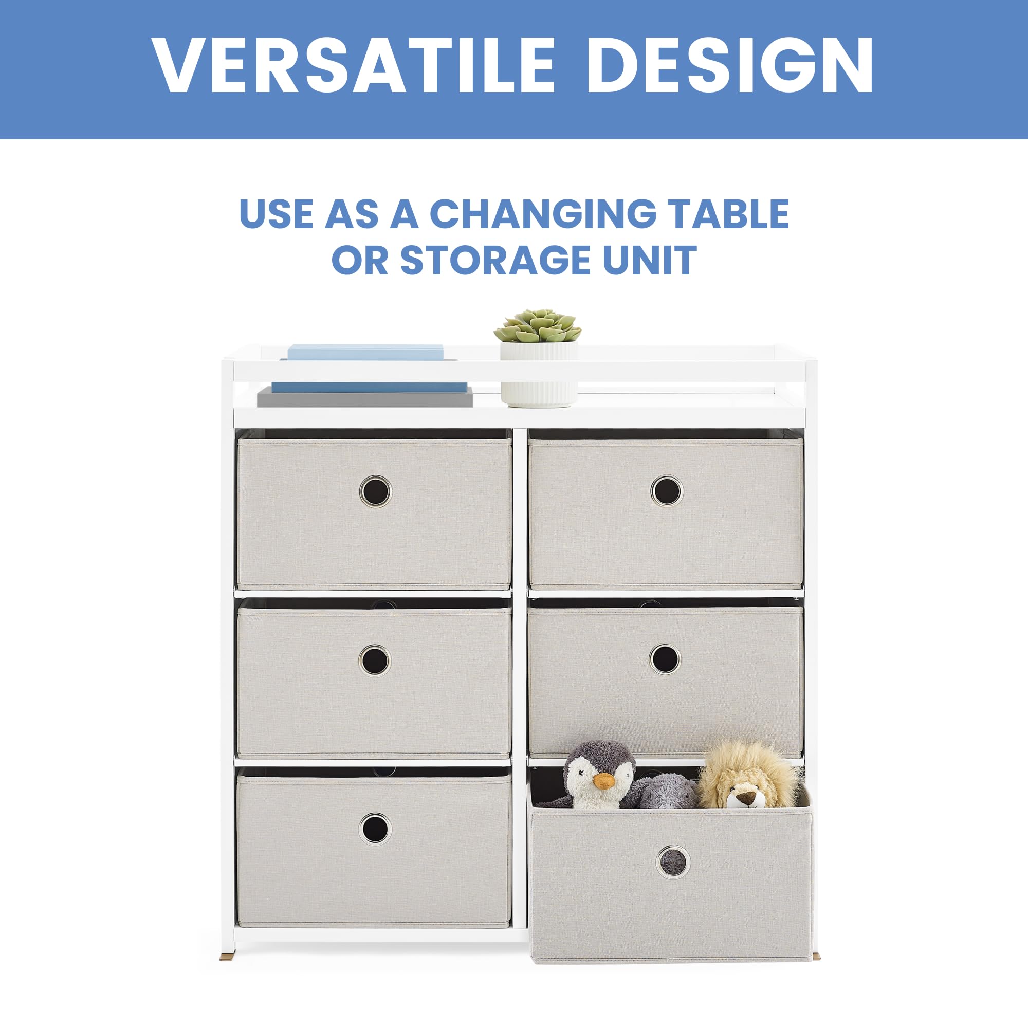 Delta Children Hayes Changing Table & Dresser - 6 Fabric Drawer Nursery Organizer in Bianca White/Flax Bins | Baby Changing Station with Storage for Diapers, Wipes & Clothes | Perfect for Nursery, Bedroom & Baby Shower Gifts