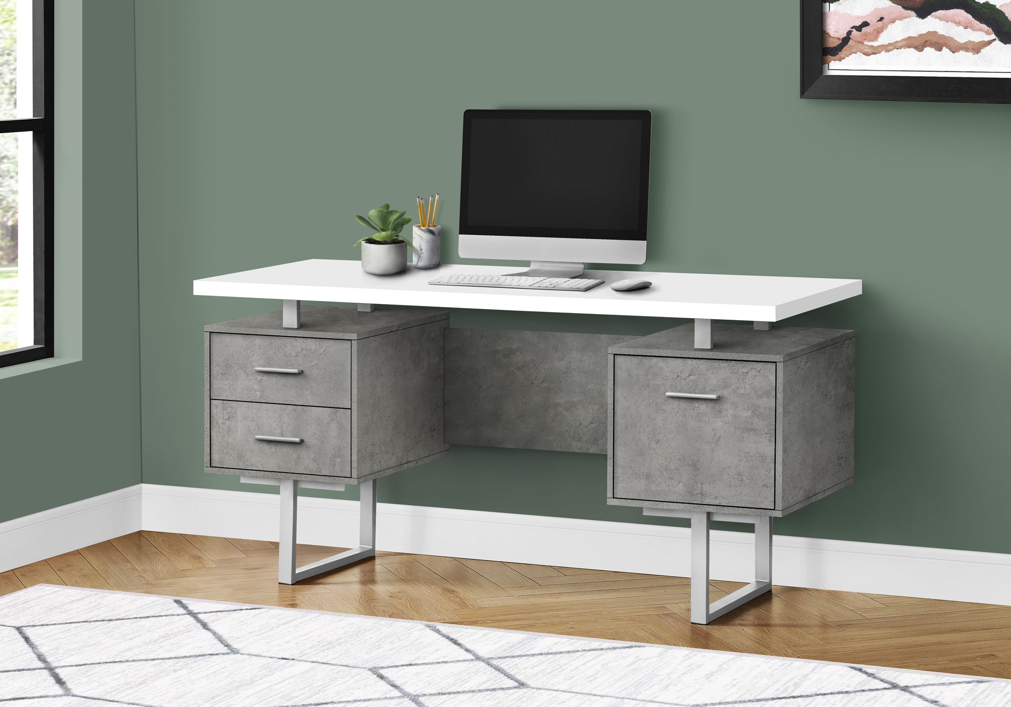 Modern 60-Inch Computer Desk - White & Grey Concrete Top with Silver Metal Frame - Perfect for Home Office, Gaming, and Workspace Setup