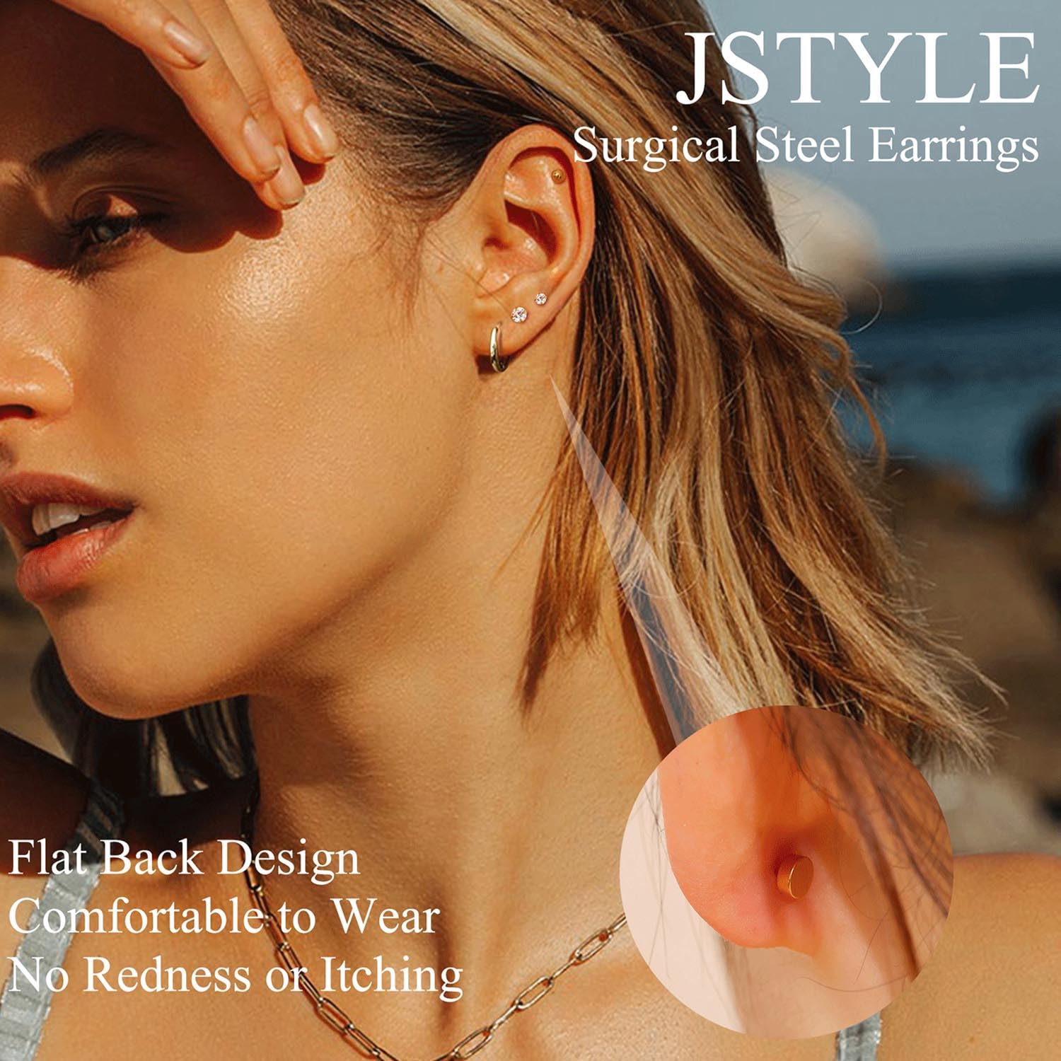 Hypoallergenic 14K Gold Plated Surgical Steel Earrings for Sensitive Ears - Flat Back Stud & Hoop Earring Set for Women & Men - Perfect for Cartilage, Helix, Lobe Piercings - Ideal for Daily Wear, Gifts & Special Occasions
