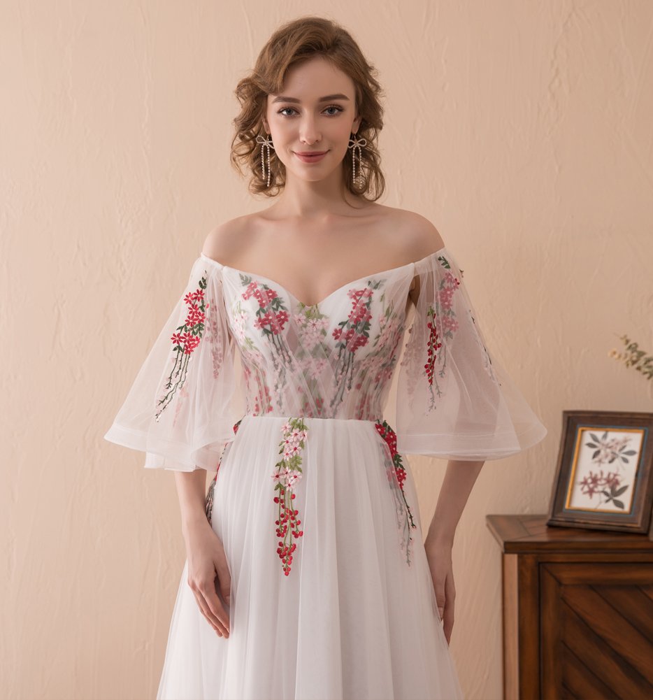 Elegant Off Shoulder Embroidered Wedding Dress for Women - US Size 20W White - Flouncing Sleeve Evening Gown for Bridal, Prom, Formal Events & Special Occasions - Perfect for Beach Weddings, Anniversary Dinners and Red Carpet Events