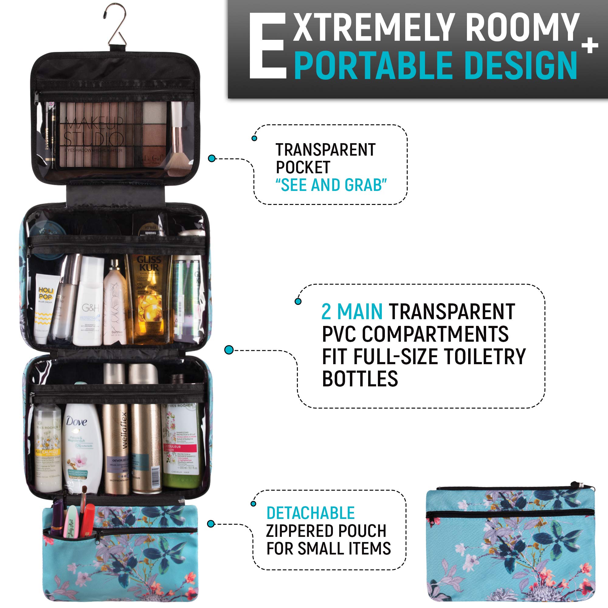 Large Hanging Toiletry Bag for Women - XL Folding Travel Cosmetic Organizer with Multiple Pockets - Waterproof Bathroom Bag for Full Size Toiletries (Teal) | Perfect for Travel, Camping, Gym & Home Storage