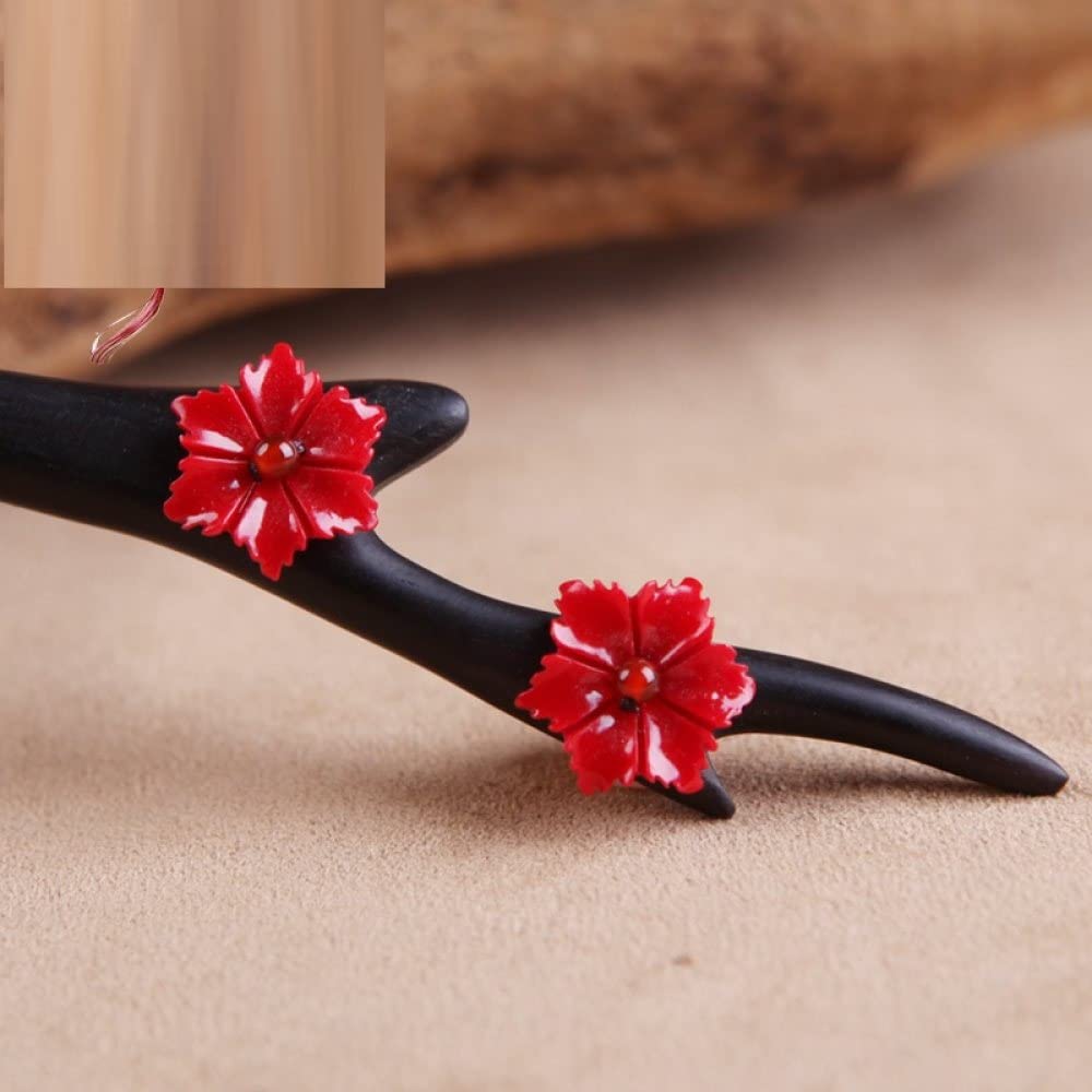 Elegant Red Flower Wooden Hair Sticks for Buns - Chinese Classical Ebony Hair Chopsticks for Women | Perfect for Updos, Weddings & Traditional Hairstyles