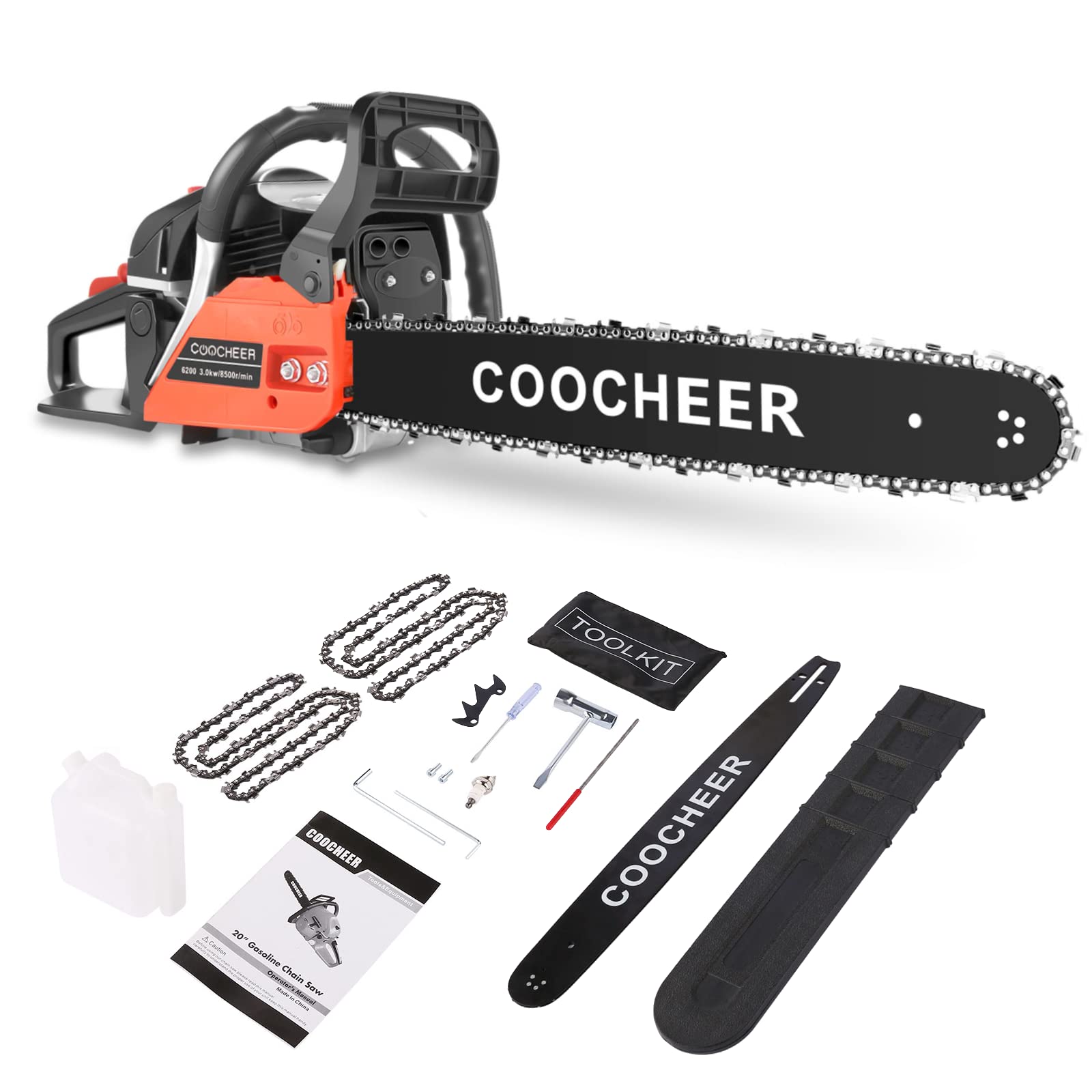 COOCHEER 20 Inch 62cc Gas Chainsaw - 3.5HP 2-Cycle Petrol Chainsaw with 2 Chains for Tree Cutting, Wood Chopping & Firewood Preparation - Perfect for Landscaping, Yard Work & Forestry Maintenance