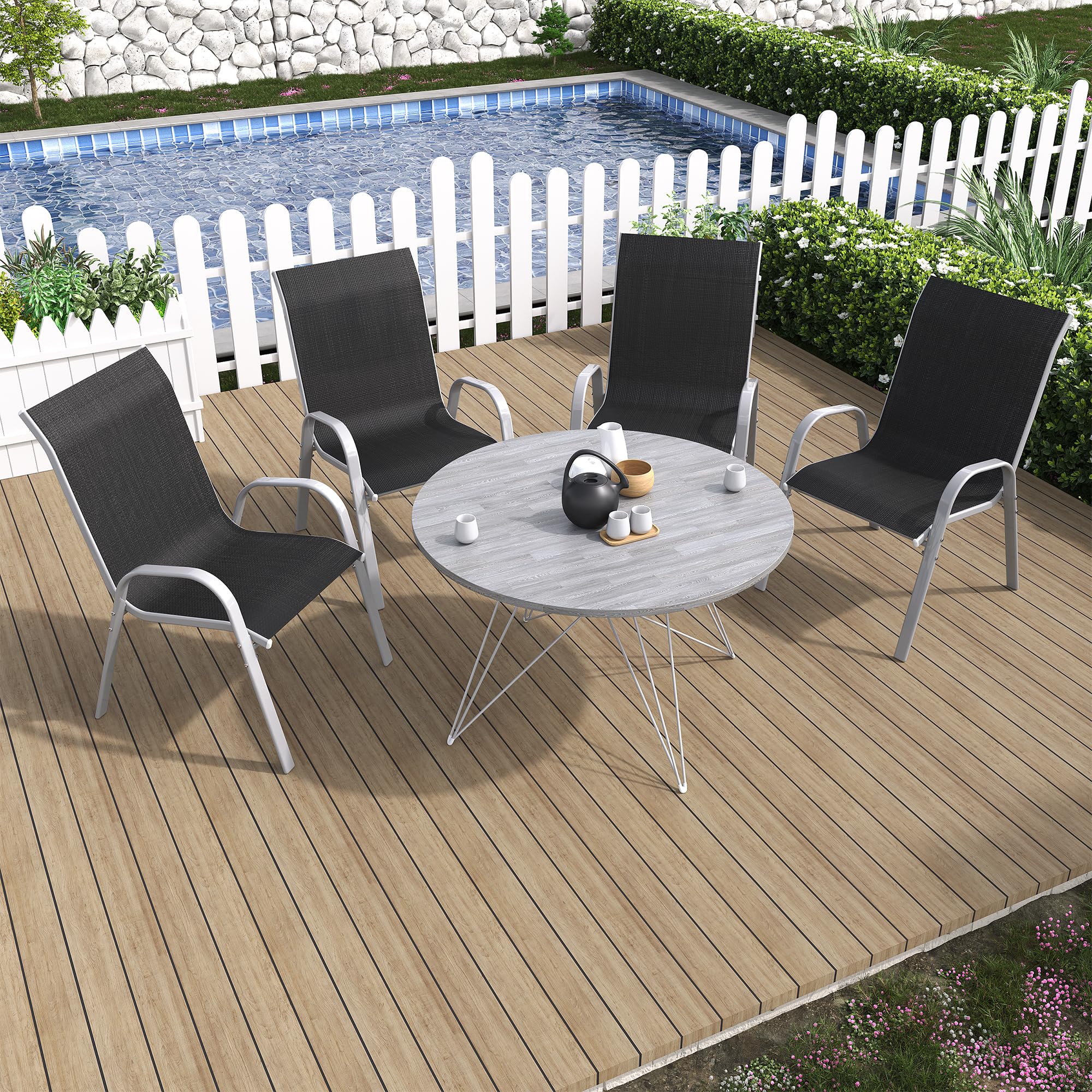 **Amopatio 4-Piece Stackable Patio Dining Chairs Set – All-Weather Outdoor Chairs, Breathable & Comfortable, Silver & Black – Perfect for Backyard, Deck, Garden, or Poolside Dining**