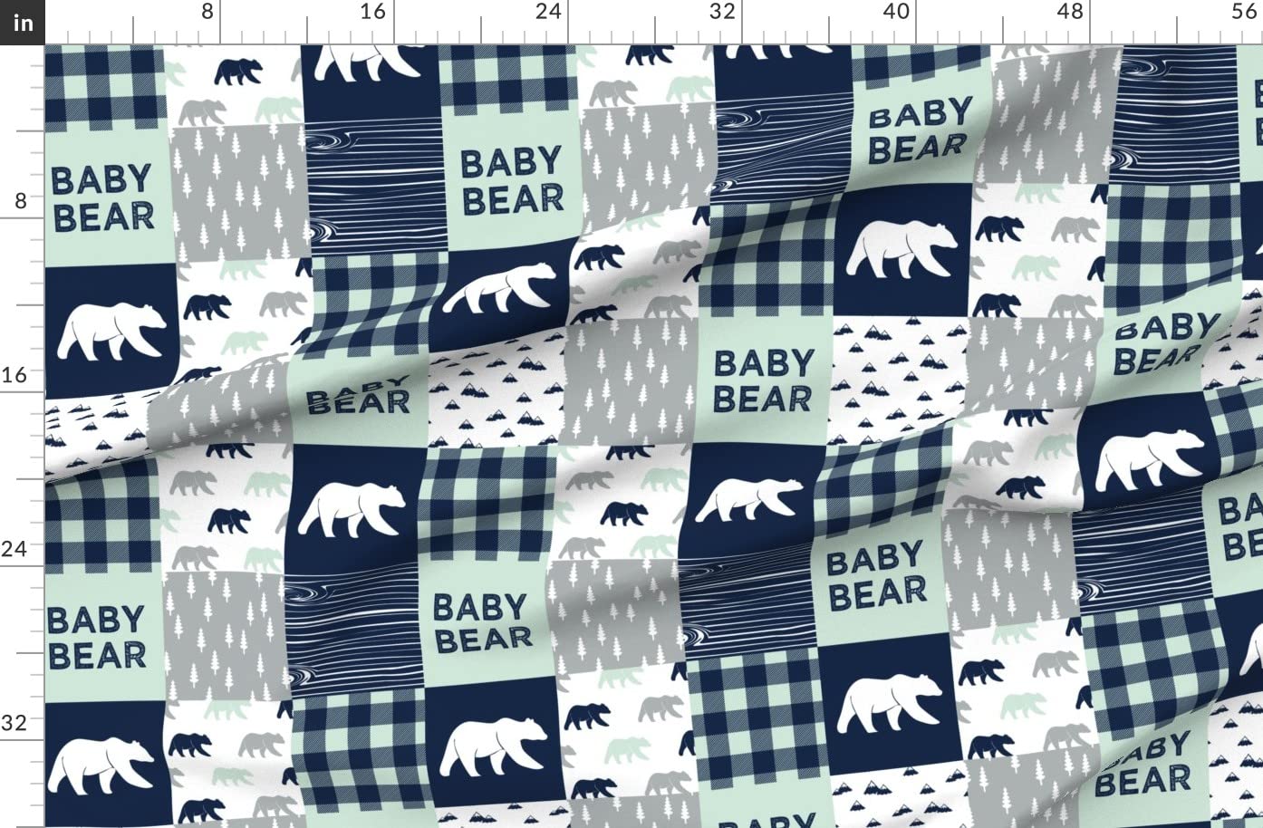 Bear Print Fleece Fabric by The Yard - Soft Plaid Woodland Design in Mint Navy for DIY Quilts, Blankets, Loungewear & No-Sew Projects - Perfect for Baby Boy Nursery Decor, Cozy Winter Crafts & Home Sewing