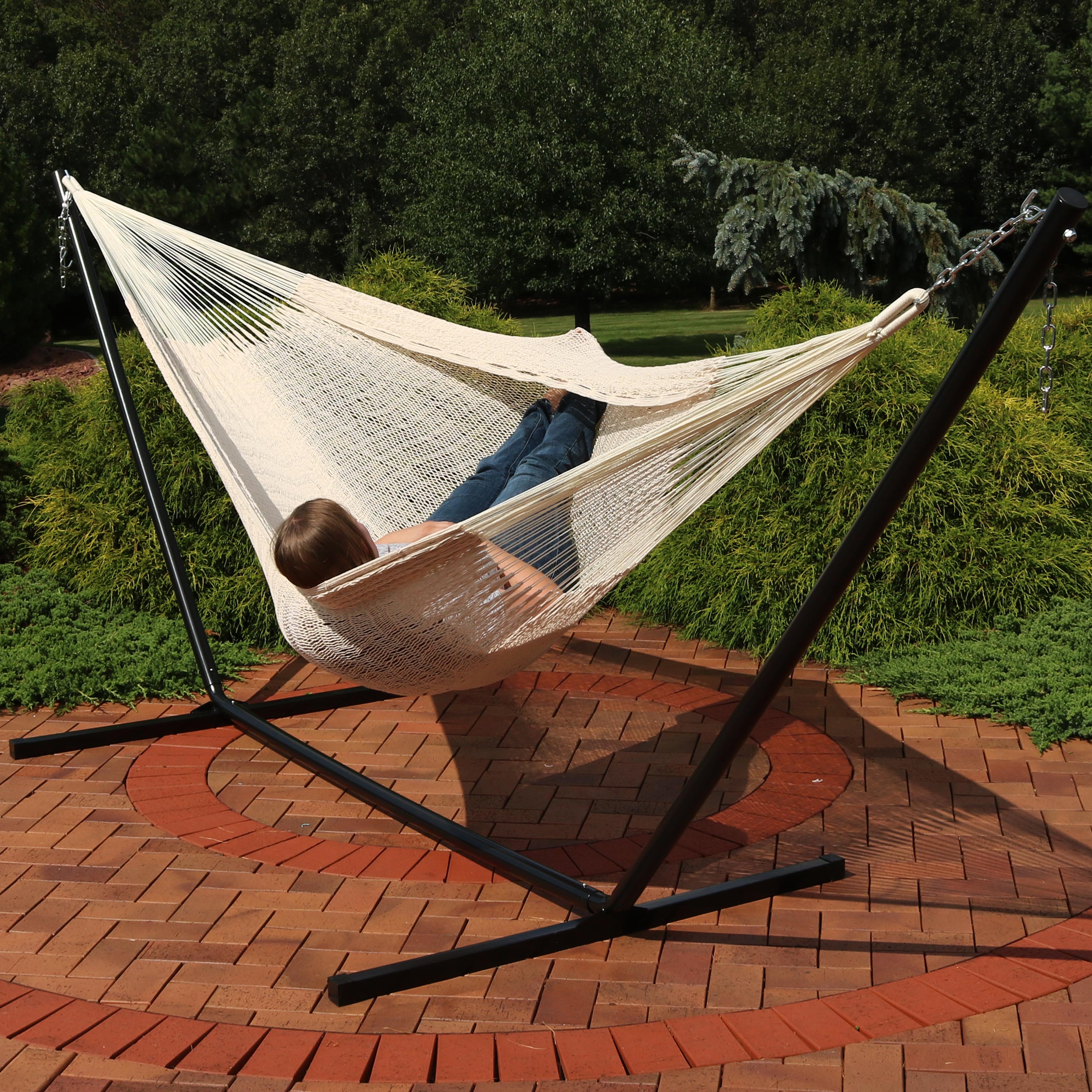Premium XXL Handwoven Mayan Hammock with 15ft Stand - Extra Thick Cotton Rope for Maximum Comfort - Perfect for Backyard, Patio, Poolside & Outdoor Relaxation