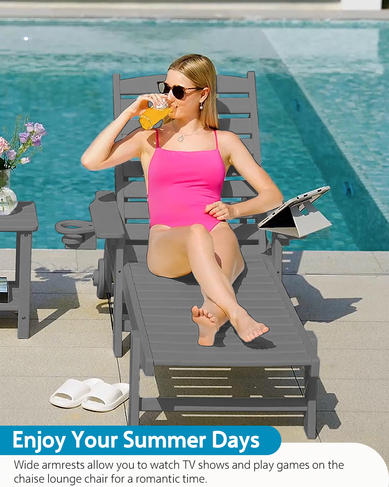 Outdoor Chaise Lounge Chair with Wheels - Oversized Patio Lounge Chair with Wood Texture - 5-Position Adjustable Plastic Sunbed for Pool, Beach, Deck & Backyard - Perfect for Relaxing, Sunbathing and Outdoor Lounging