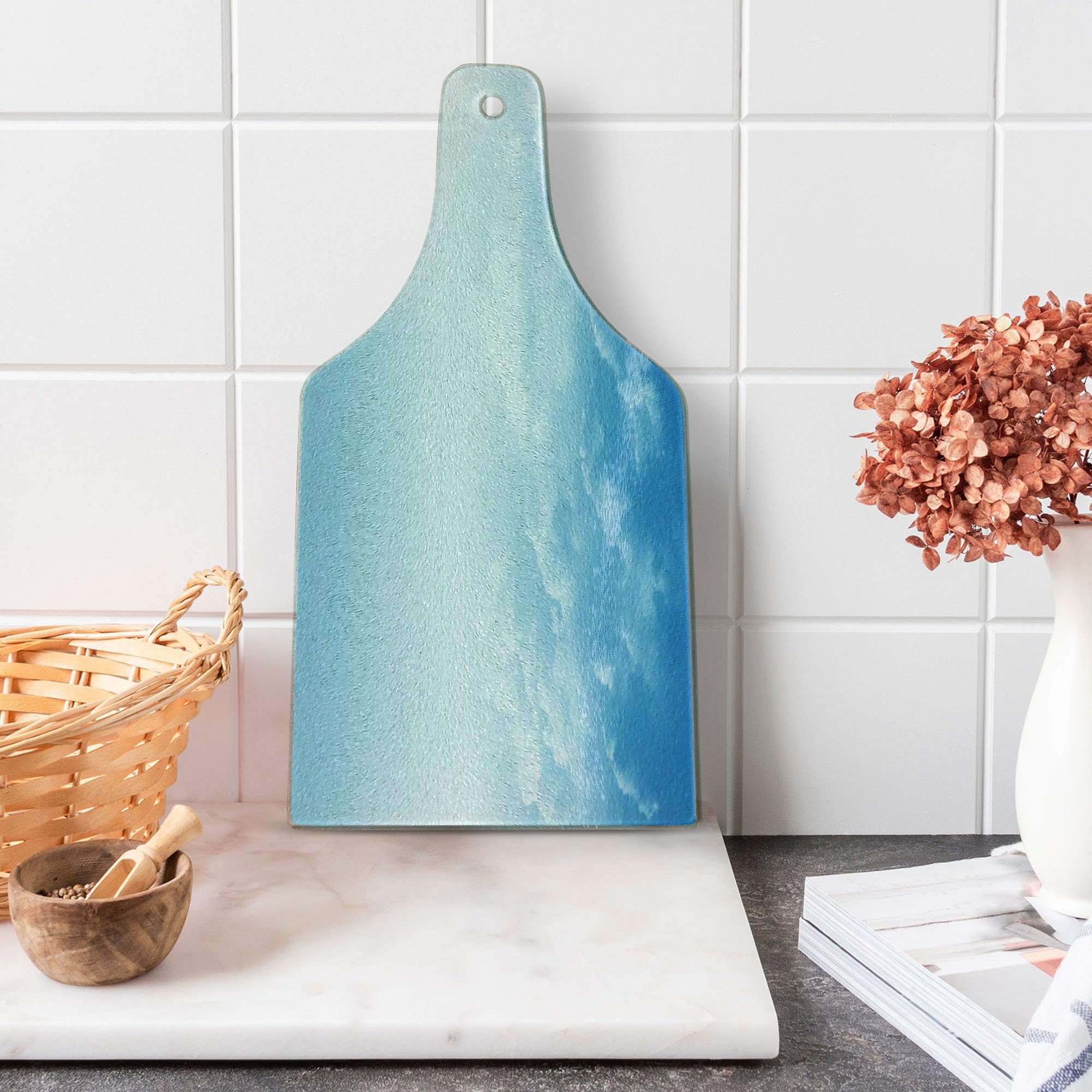 Ambesonne Clouds Tempered Glass Cutting Board - Wine Bottle Shape, Blue & White Design for Kitchen & Serving - Perfect for Cheese, Charcuterie & Entertaining