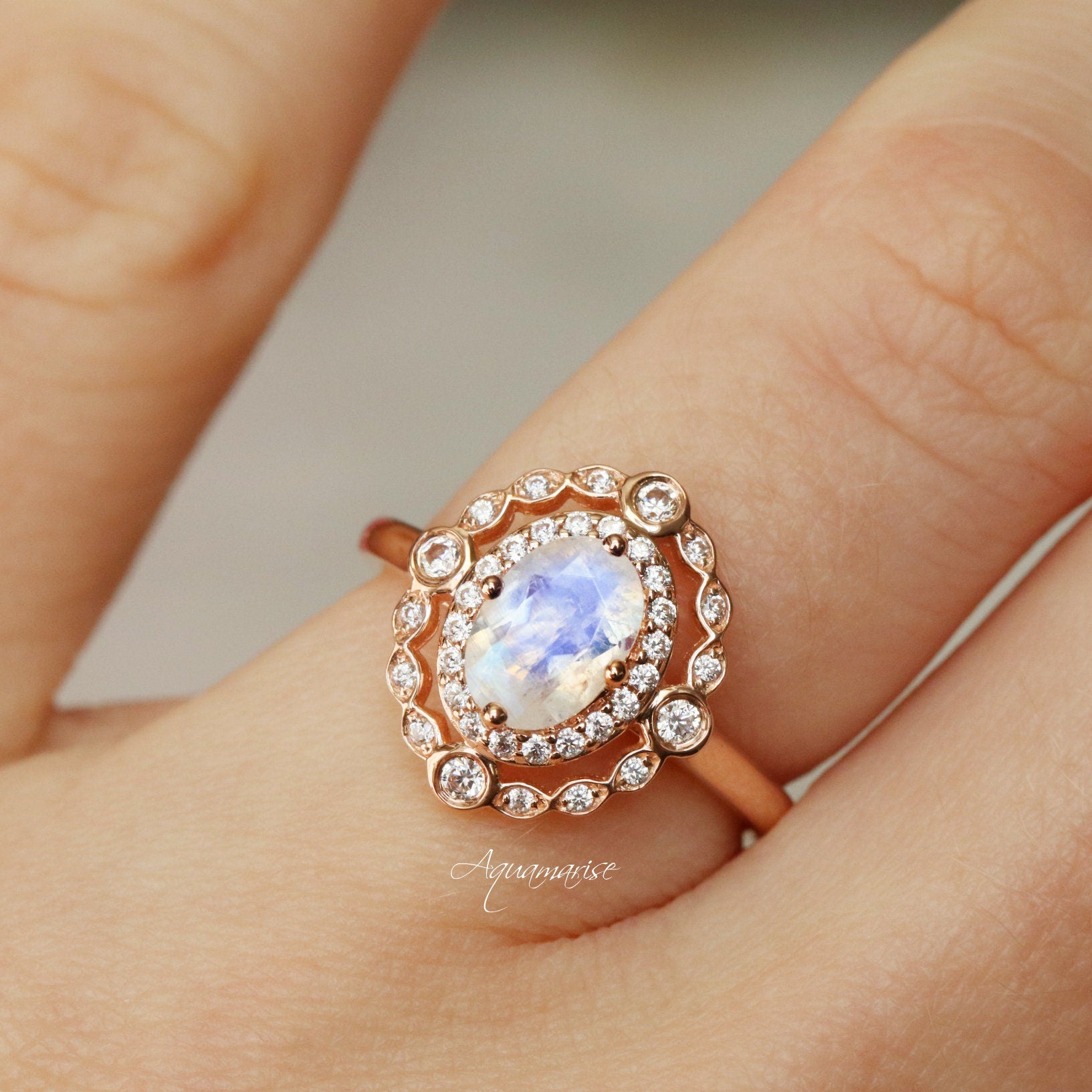 Valentina Rainbow Moonstone Engagement Ring - 10K/14K/18K Solid Rose Gold Wedding Band for Women | Perfect for Proposals, Anniversaries & Special Occasions