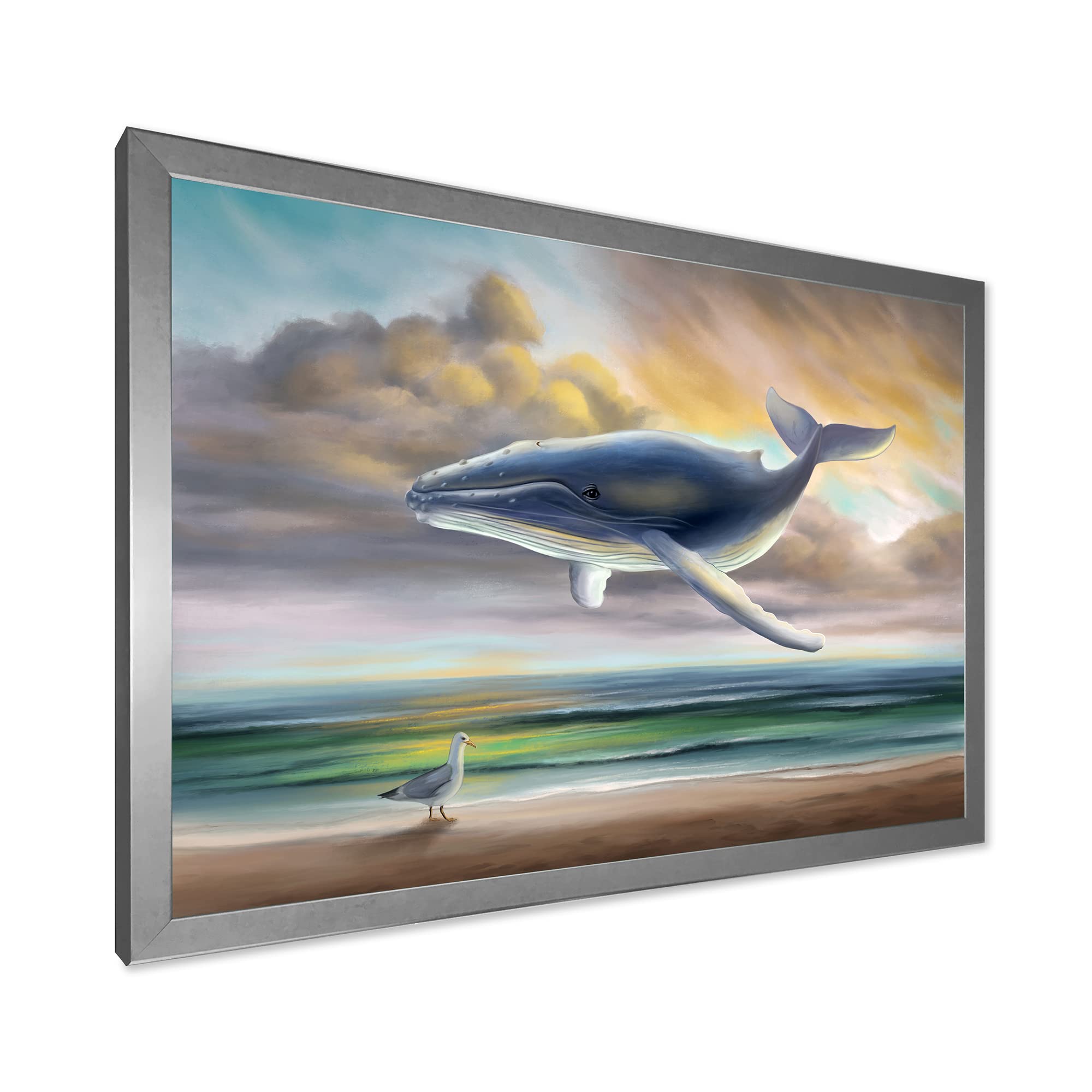 Whale Floating in the Sky - Kids Nursery Wall Art Decor, Framed Canvas Print for Children's Bedroom, Playroom & Classroom Decor