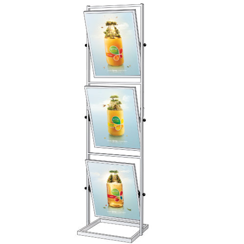 3 Tier Tilted Sign Holder Floor Stand for 22x28 Posters - Double Sided Adjustable Swivel Display for Retail, Restaurants & Events | Black/Silver Metal Frame Holds 3-6 Posters | Perfect for Store Promotions, Menu Boards & Trade Shows
