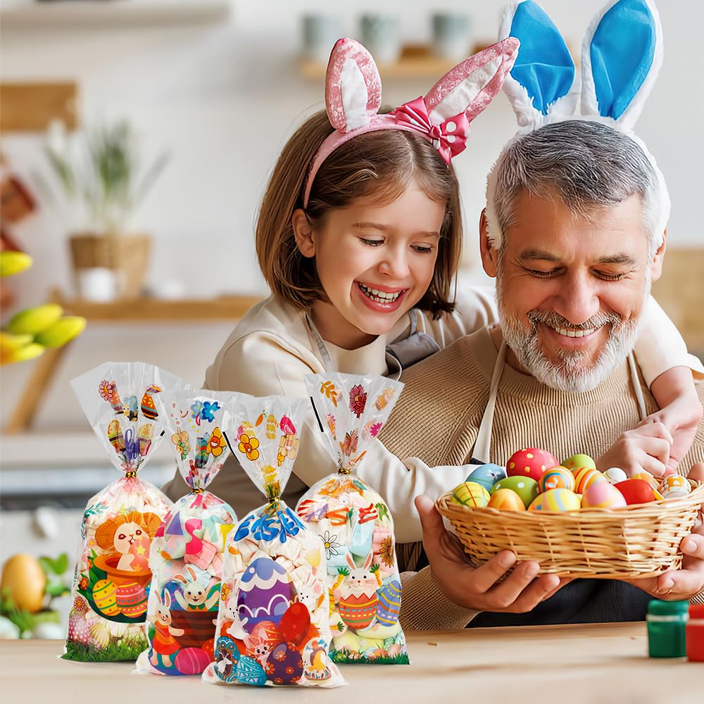 100-Pack Clear Easter Cellophane Treat Bags with Twist Ties - Easter Candy Bags, Easter Party Favors, Easter Gift Bags for Candy, Cookies & Small Gifts - Perfect for Easter Egg Hunts, Classroom Treats & Holiday Party Supplies