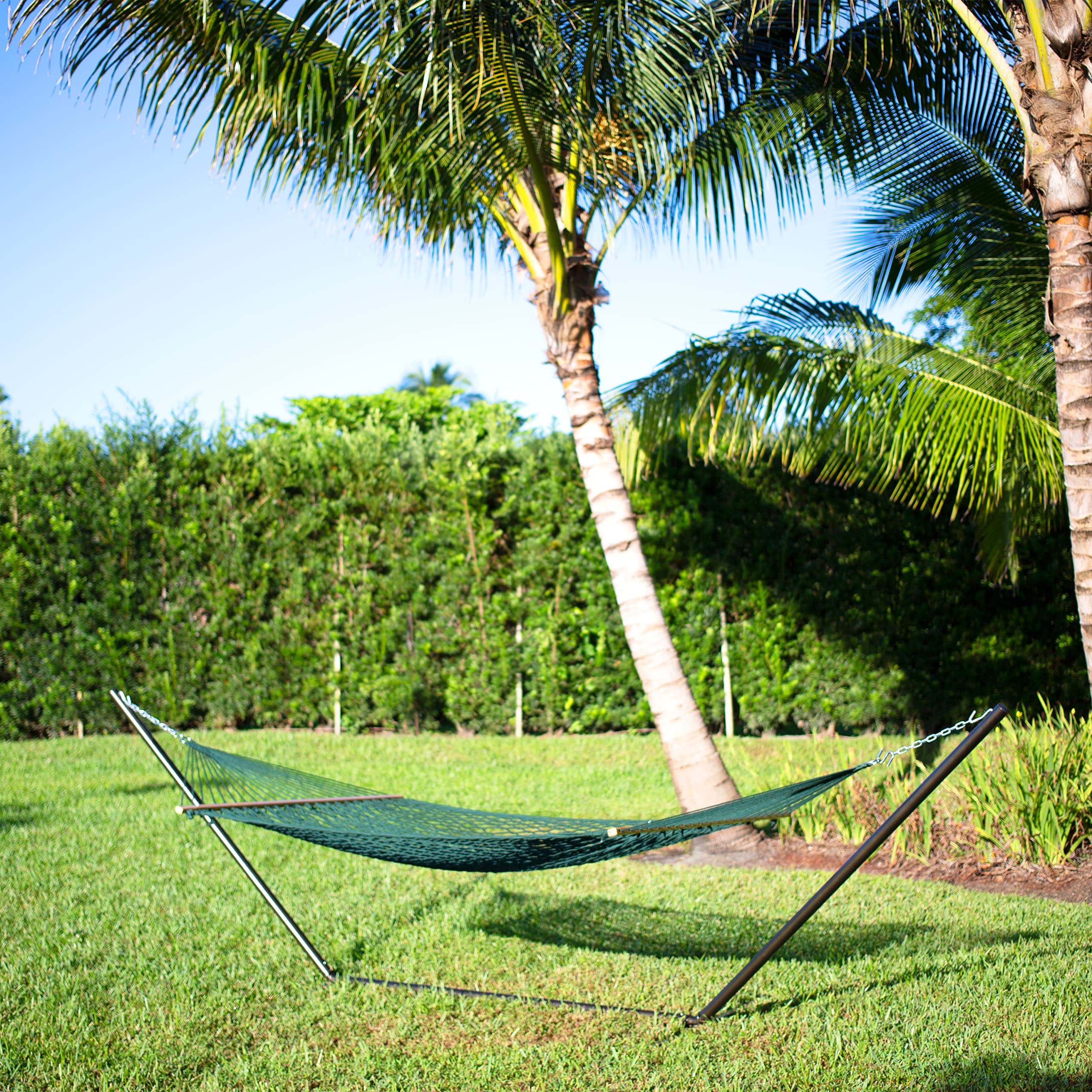 Bliss Hammocks BH-410GR 60-Inch Wide Cotton Rope Hammock for Indoor & Outdoor Use - Patio, Backyard, Poolside Relaxation with Chains & Hooks - Eco-Friendly Polyester & Hardwood Spreader - 450 lb Capacity - Green - Perfect for Lounging, Camping, and Beach Vacations
