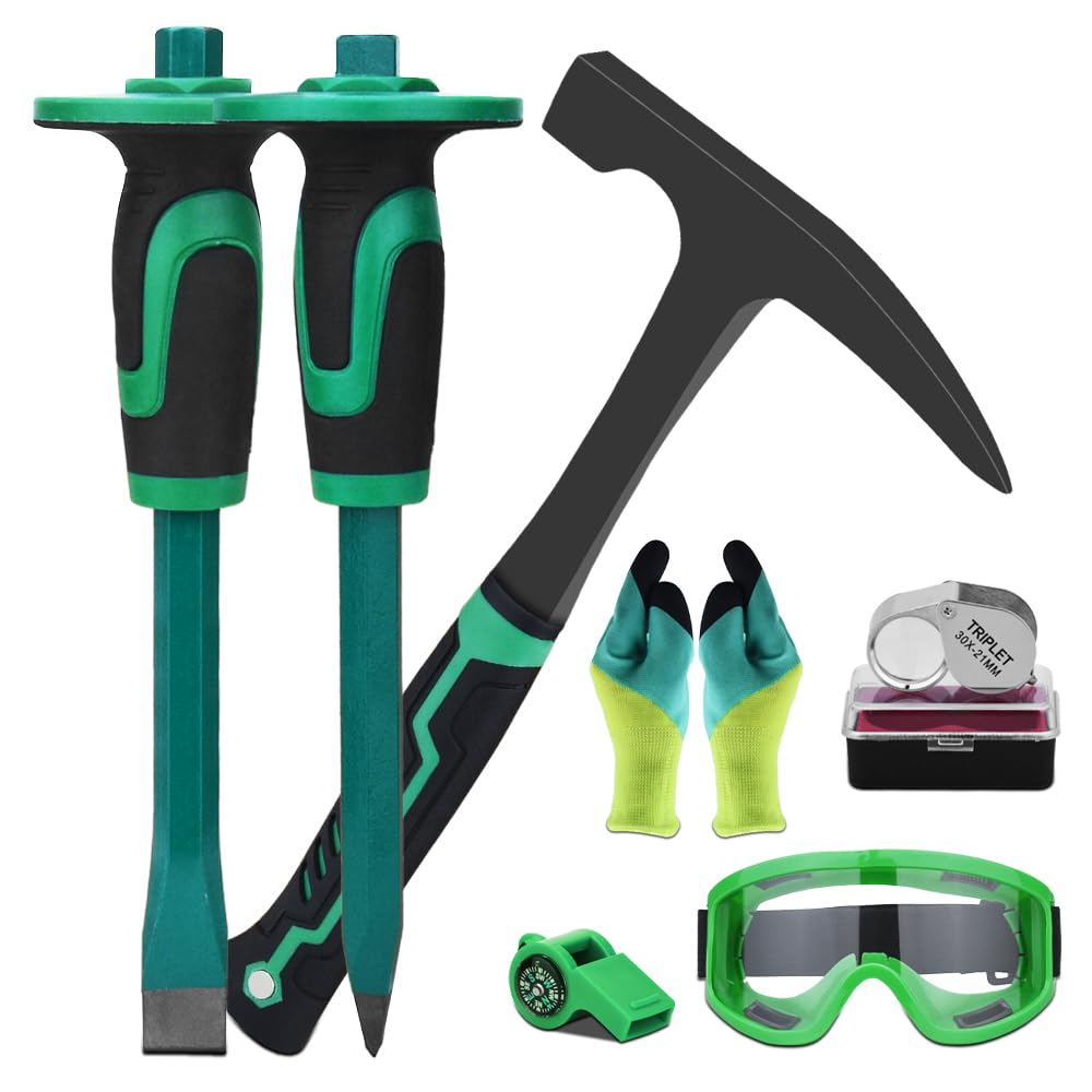 7-Piece Geological Rock Pick Equipment Set - 32oz Rock Hammer, 2 Masonry Chisels with Covers, Safety Glasses, Whistle & Loupe for Gold Mining, Prospecting & Outdoor Adventures - Perfect for Geologists, Hobbyists & Treasure Hunters