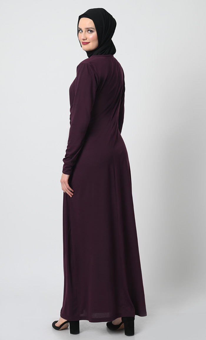 Elegant Draped Waist Viscose Jersey Abaya - Full Sleeves, Round Neck, Back Zipper Closure - Perfect for Prayer, Modest Fashion & Special Occasions