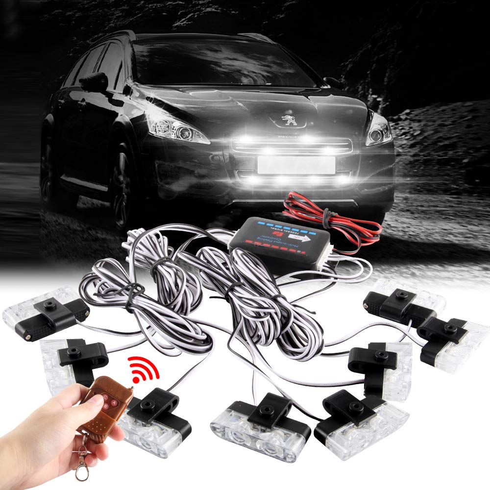 16 LED White Grille Strobe Lights for Cars, Trucks & Emergency Vehicles - Wireless Remote Control, 12V - Police, Ambulance & Warning Flashing Lights for Road Safety & Night Visibility