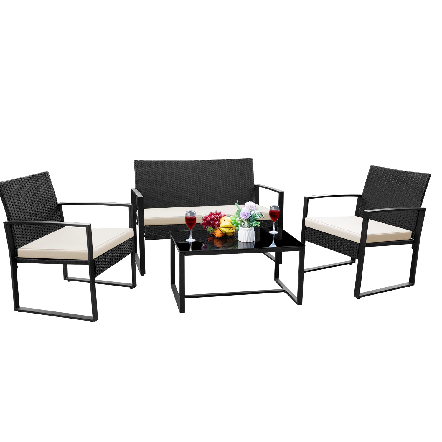 JUMMICO 4-Piece Outdoor Patio Furniture Set - Rattan Chairs with Cushions & Metal Table - Modern Bistro Conversation Set for Garden, Balcony, Poolside - Weather-Resistant Beige Porch Furniture for Relaxing & Entertaining