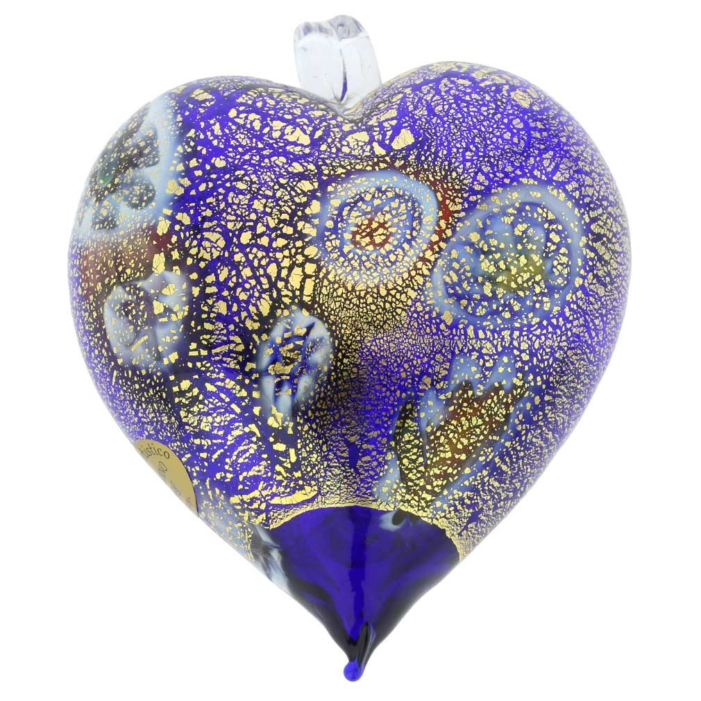Venetian Murano Glass Heart Christmas Ornament - Handmade in Italy with Millefiori Blue & Gold Design | Perfect for Holiday Tree Decor, Gift Giving & Festive Home Decoration