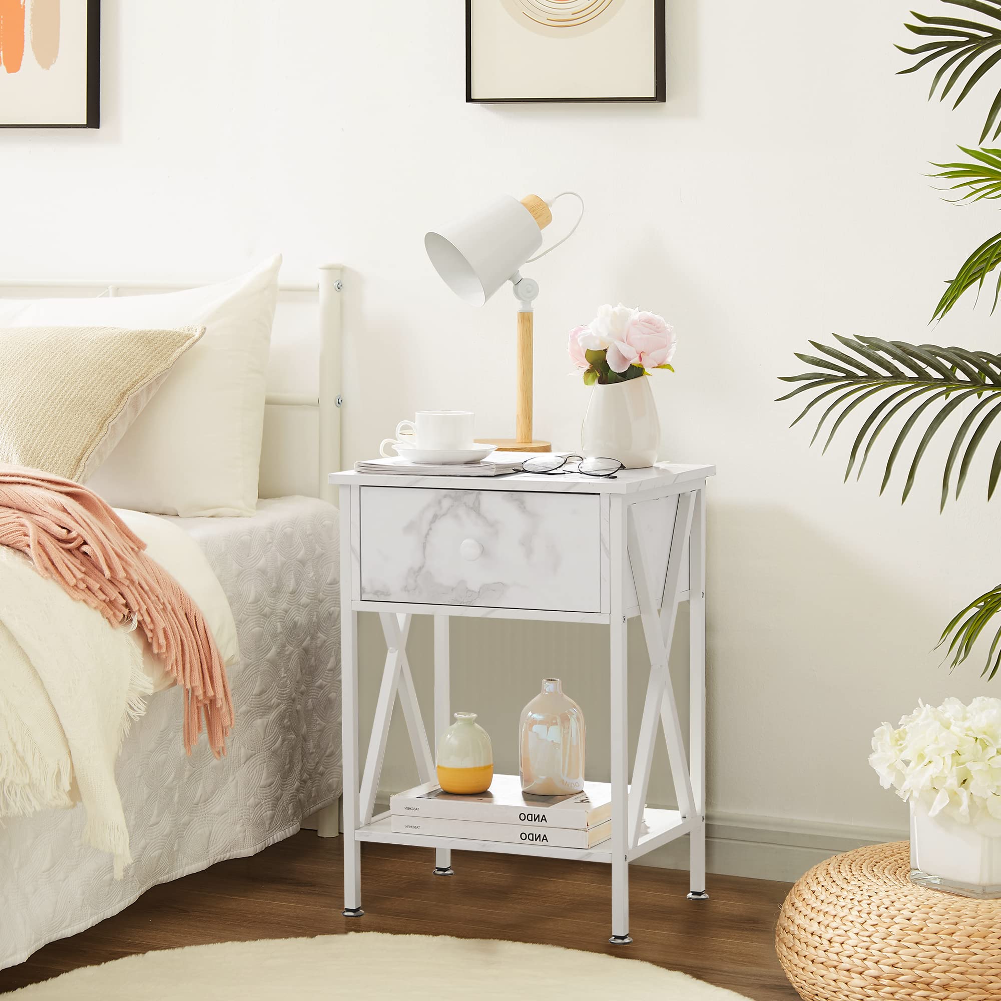 Rustic Night Stands for Bedroom - Set of 2 Wooden Bedside End Tables with Drawer Storage, Pearl White | Perfect for Small Spaces, Apartment Living & Home Decor