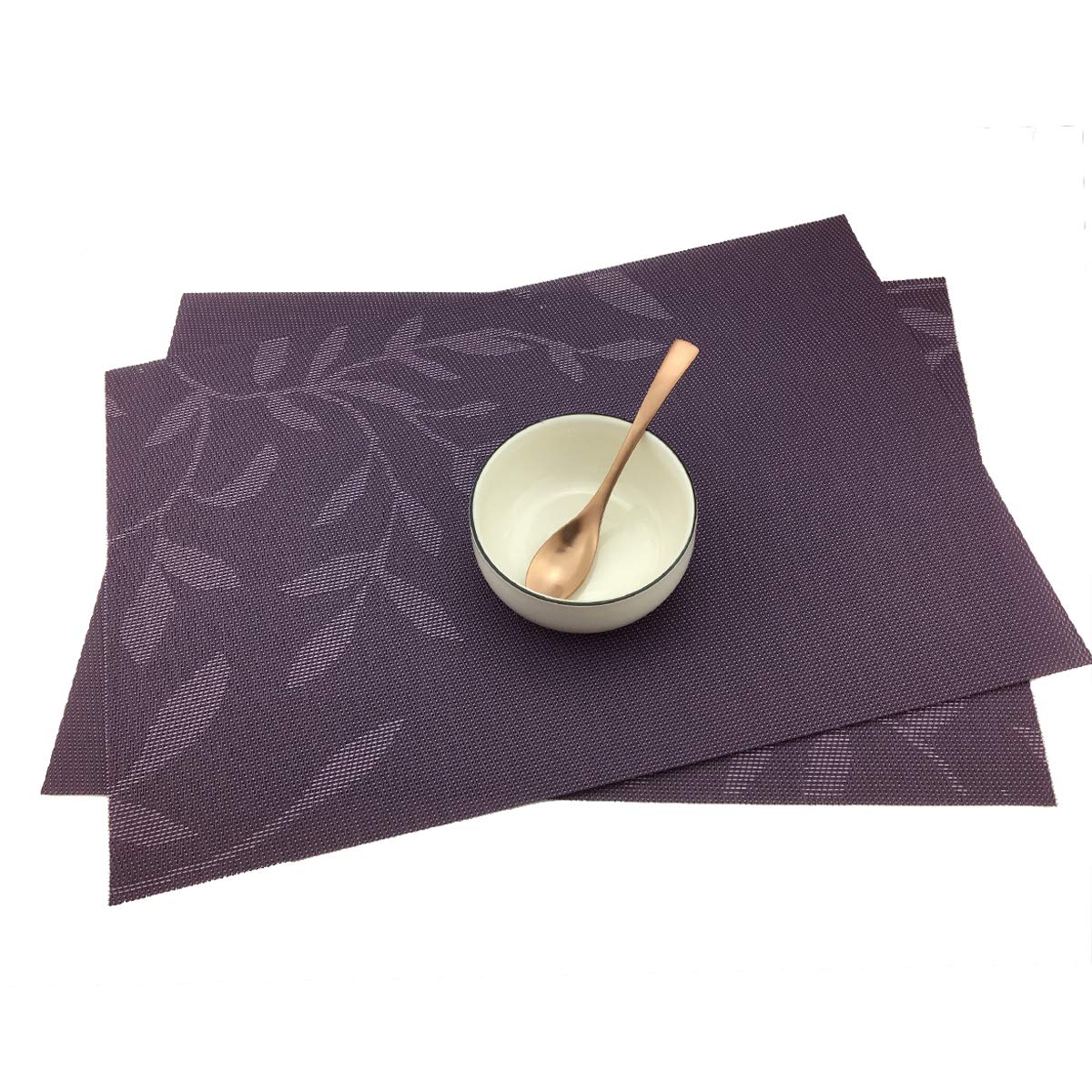Gugrida 6-Piece PVC Woven Vinyl Placemats Set - Natural Color with Purple Leaves Design | Waterproof & Heat-Resistant Table Mats for Dining Room, Kitchen, and Outdoor Picnics
