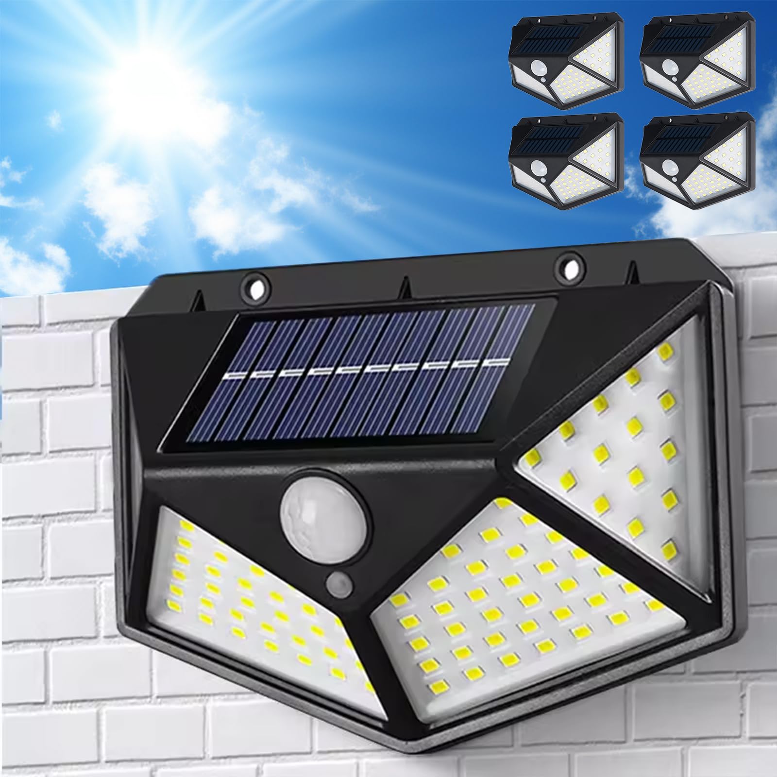 Probuk 4-Pack Outdoor Solar Motion Sensor Lights - 100 LED Solar Powered Security Lights with 3 Lighting Modes, IP65 Waterproof for Garden, Patio, Yard, Garage - Ideal for Pathway Lighting, Home Security & Backyard Illumination