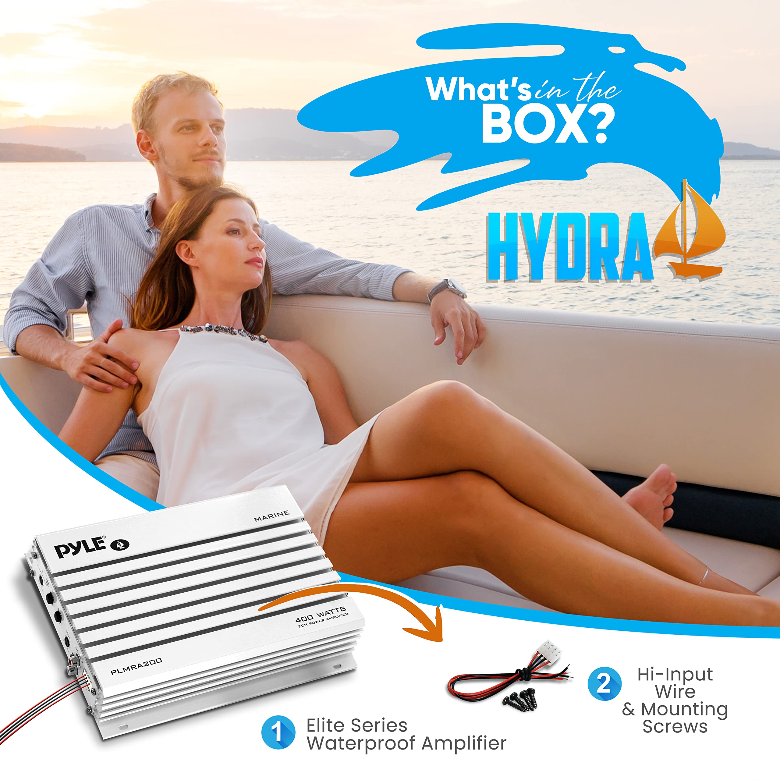 Pyle Hydra Marine Amplifier and Subwoofer Bundle - Waterproof Boat Audio System for Bass Boost & Clear Sound | Perfect for Pontoon Boats, Yachts & Marine Entertainment