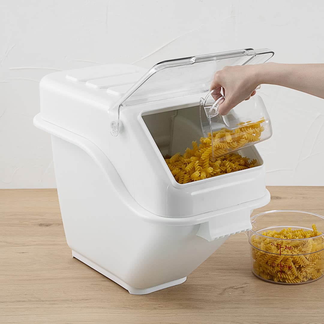 Restaurantware Met Lux 6 Gallon Food Storage Container with Lid & Measuring Scoop - Stackable White Plastic Ingredient Bin for Flour, Sugar & Bulk Foods | Commercial Kitchen & Pantry Organization Solution