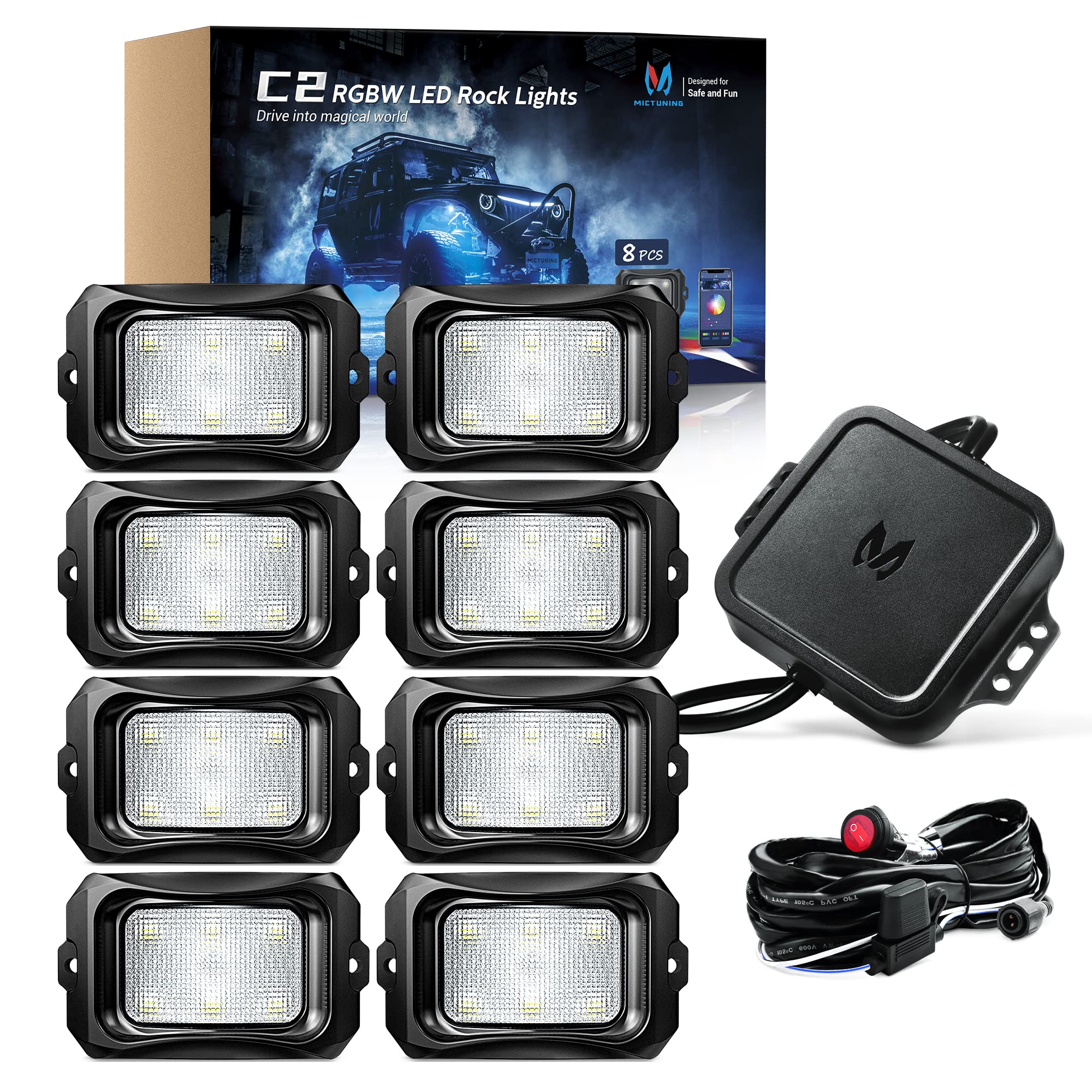 MICTUNING C2 Curved RGBW LED Rock Lights - 8 Pods Underglow Multicolor Neon Lights with Wiring Switch Kit & Bluetooth APP Control for Off-Road Trucks, Jeeps, ATVs - Perfect for Night Driving, Car Shows, and Off-Road Adventures