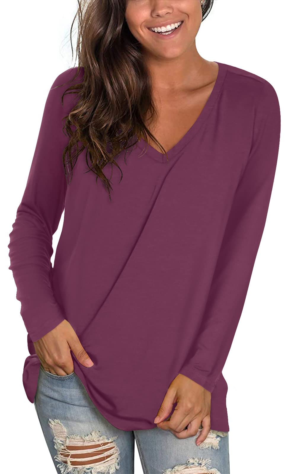 Women's Long Sleeve V-Neck Tunic Tops - Casual Dressy Blouse for Work & Everyday Wear | Fashionable Ladies T-Shirt for Office, Date Night & Fall Outfits