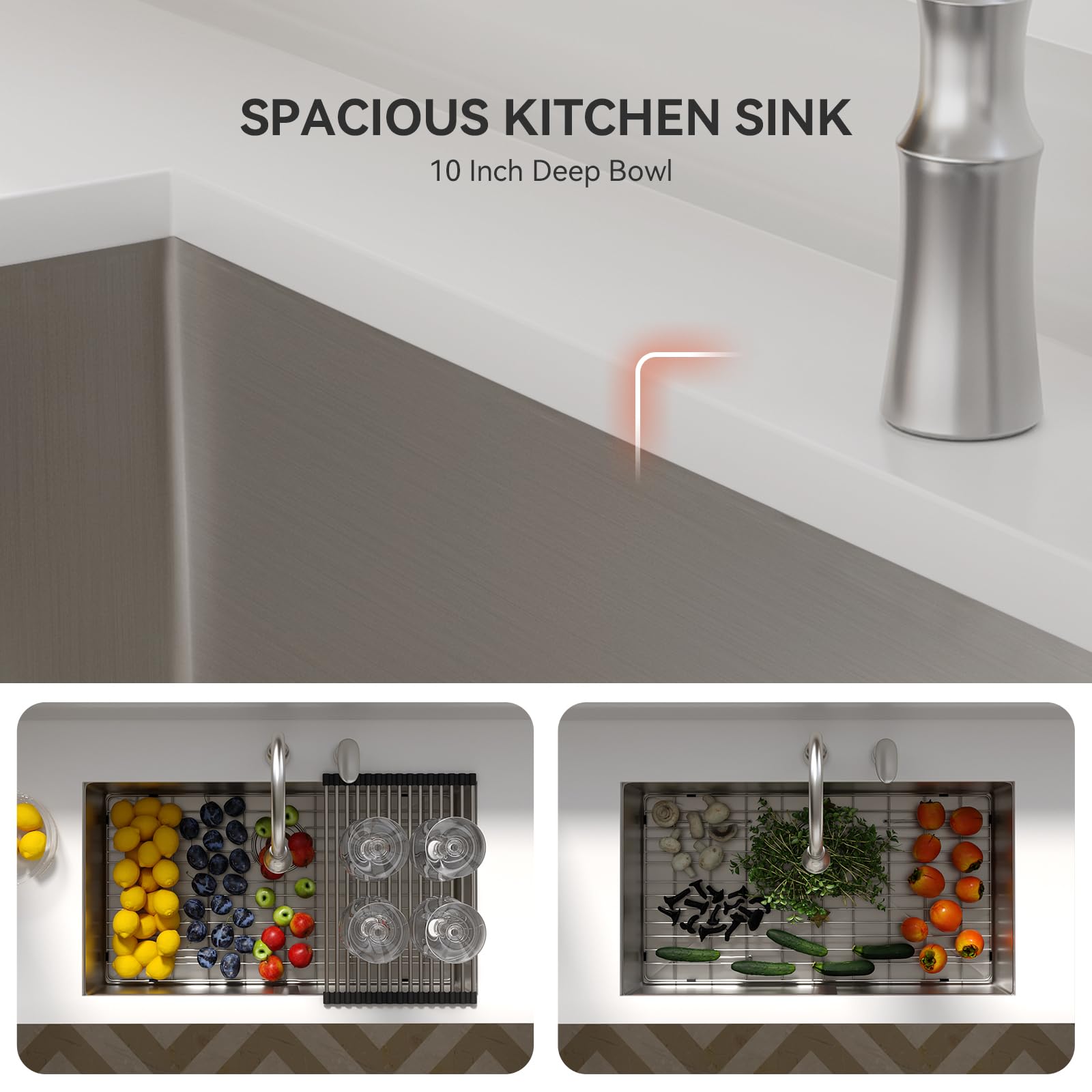 Lordear 33-Inch Undermount Kitchen Sink - 16 Gauge Stainless Steel Single Bowl with Rounded Corners (33x19x10 Inch) - Handmade Under Counter Sink Basin for Modern Kitchens, Perfect for Food Prep, Dishwashing & Entertaining