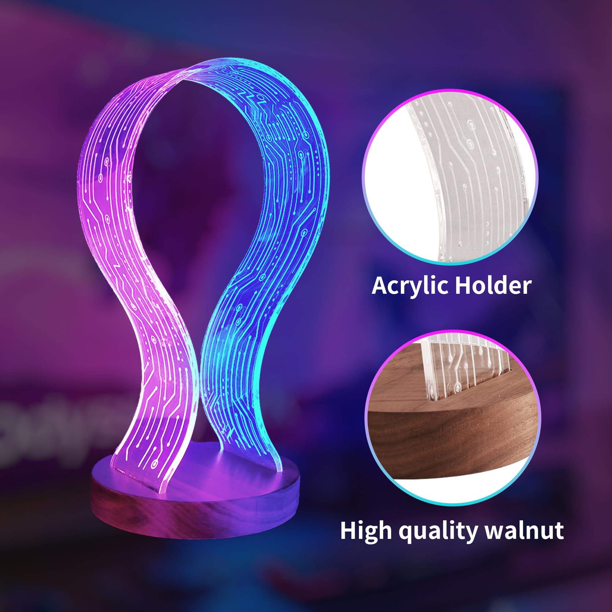 CoolGift Mart LED Headphone Stand with Blue & Pink Night Light - Wooden Gaming Headset Holder for Gamers & Music Lovers - Perfect Desk Organizer for Gaming Setup, Home Office & Bedroom Decor
