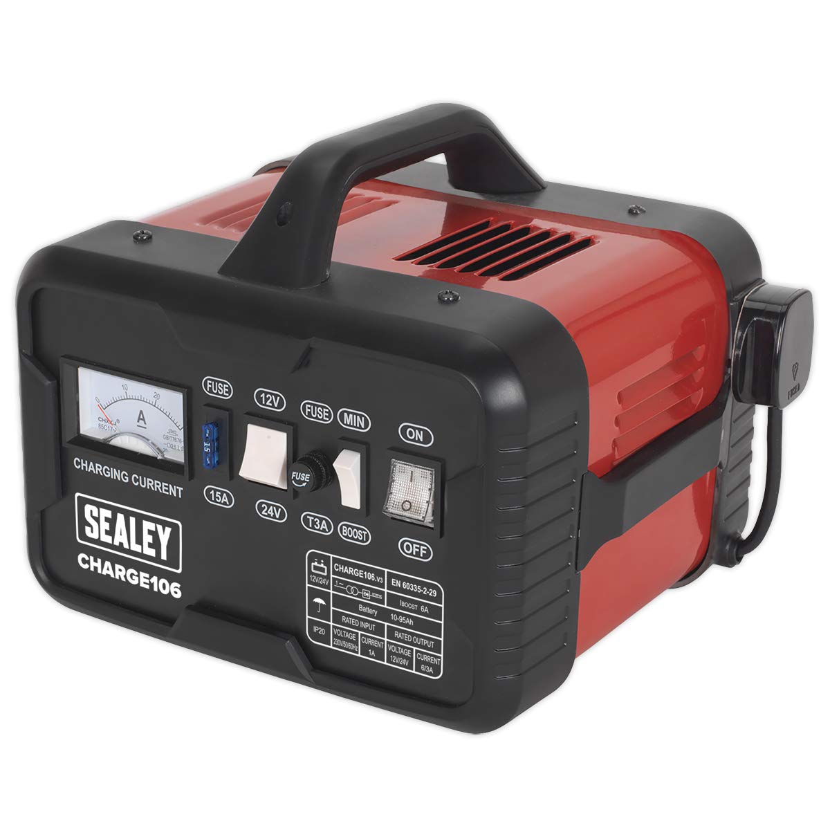 Sealey CHARGE106 8Amp 12V/24V 230V Battery Charger for Cars, Trucks & Marine Vehicles - Fast Charging & Maintenance Mode for Long-Term Storage