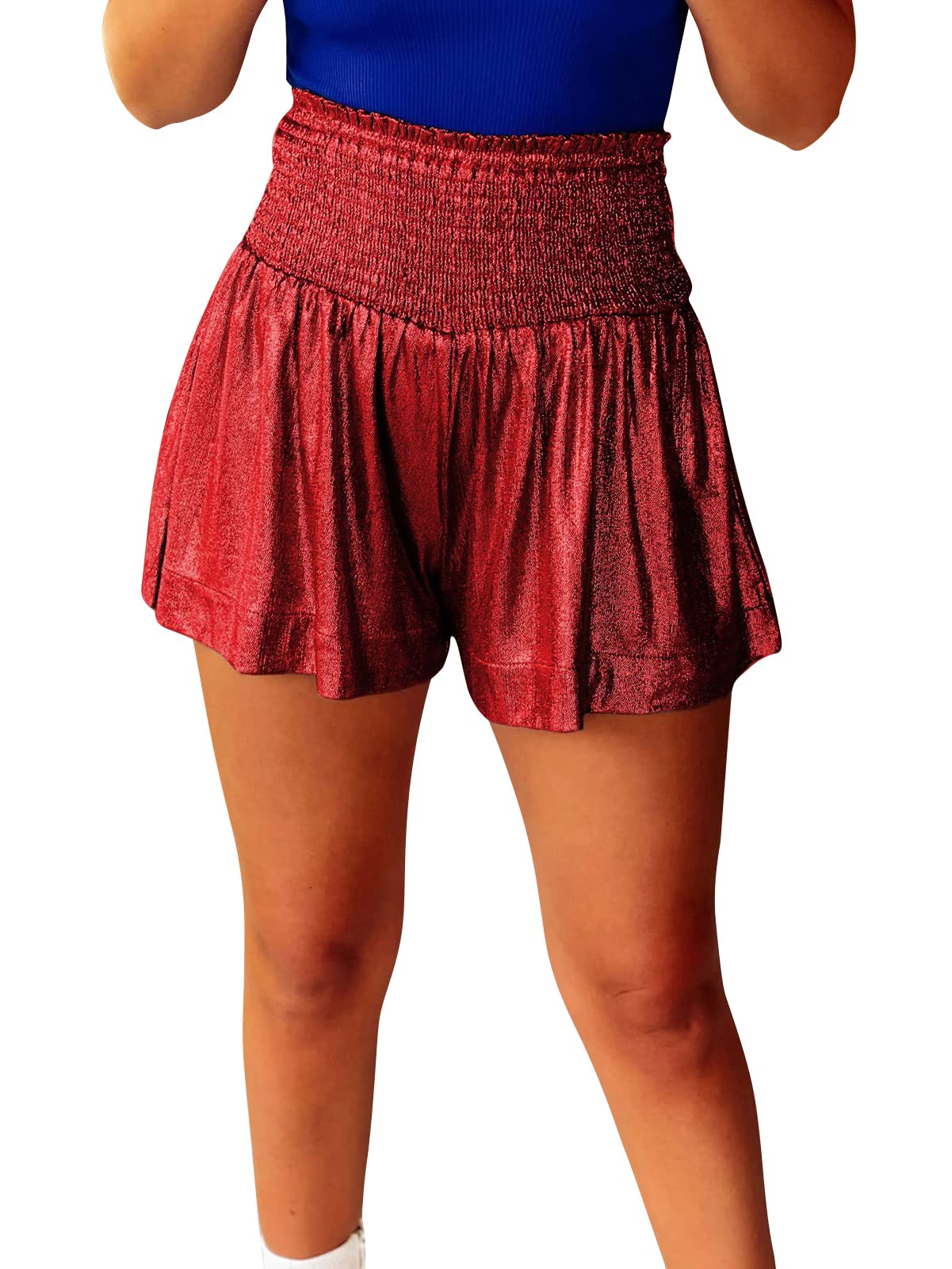 GUOLEZEEV Women's Sequin High Waisted Shorts - Glitter Sparkly Metallic Party Shorts for Women, Smocked Flowy Design, Perfect for Night Out, Club Wear, and Festivals