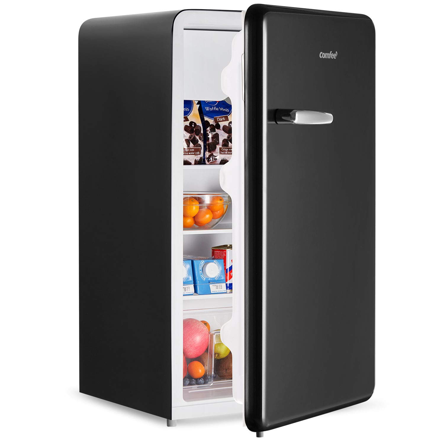 COMFEE 3.3 Cu Ft Retro Mini Fridge - Energy Efficient Compact Refrigerator with Adjustable Thermostat, Removable Shelf & Adjustable Legs - Sleek Black Retro Design with HIPS Interior - Perfect for Dorm Room, Bedroom, Office, Garage or Small Apartment [Black]