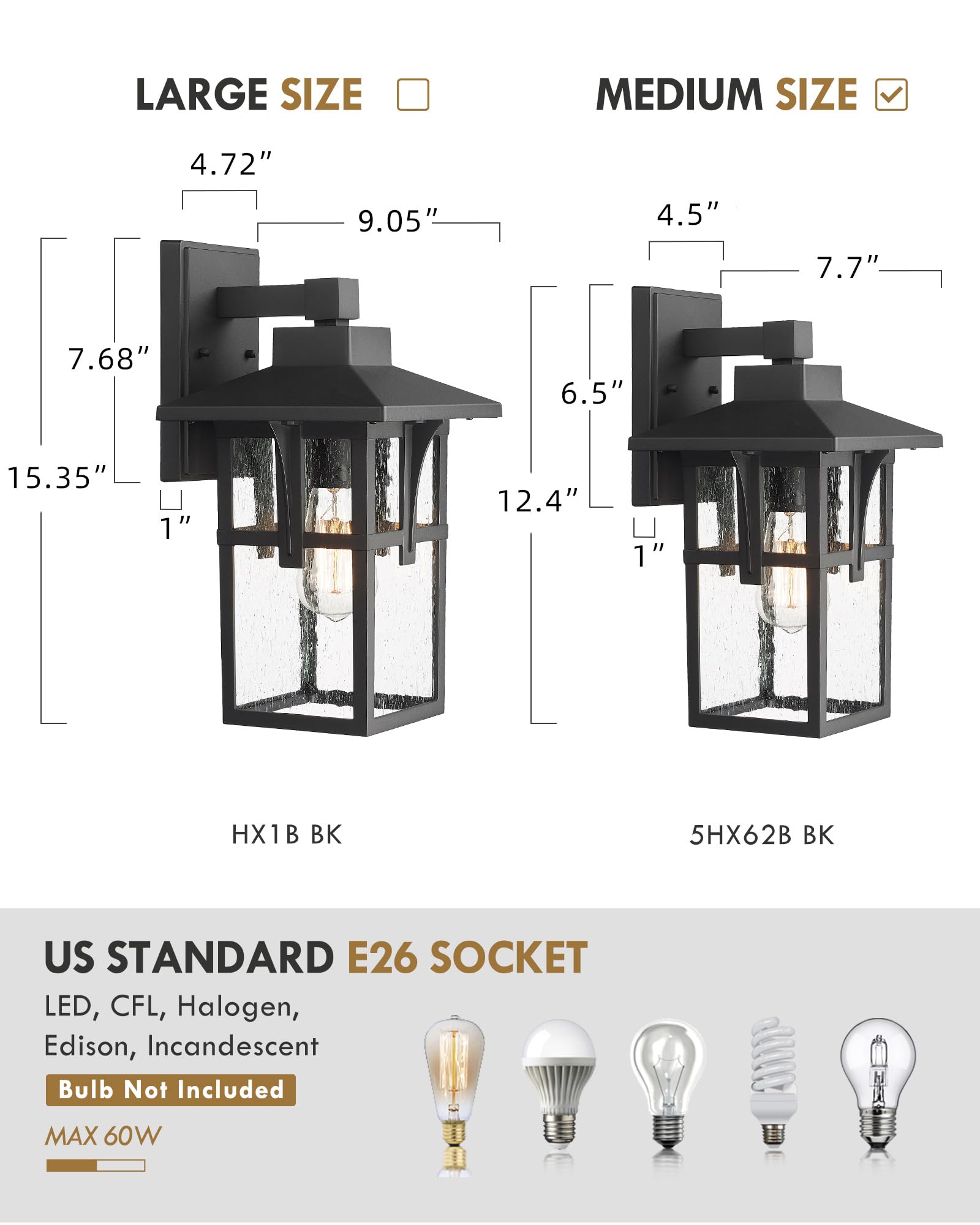 HWH INVESTMENT 2-Pack Outdoor Wall Sconce Lights - Waterproof Matte Black Exterior Porch Lighting with Seeded Glass for Farmhouse, Patio, Balcony & Indoor Use - Durable 1-Light Fixture (Model 5HX62B-2PK BK)