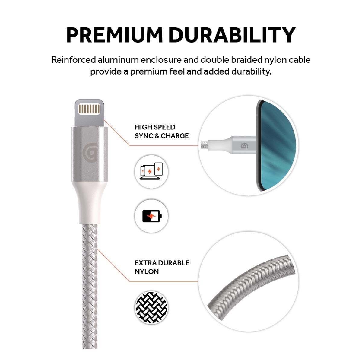 Premium Griffin USB-C to Lightning Cable 5FT - Fast Charging & Sync for iPhone 14/13/12/11/X/8, iPad & AirPods | MFi Certified | Durable Silver Braided Cord | Perfect for Home, Office & Travel Charging